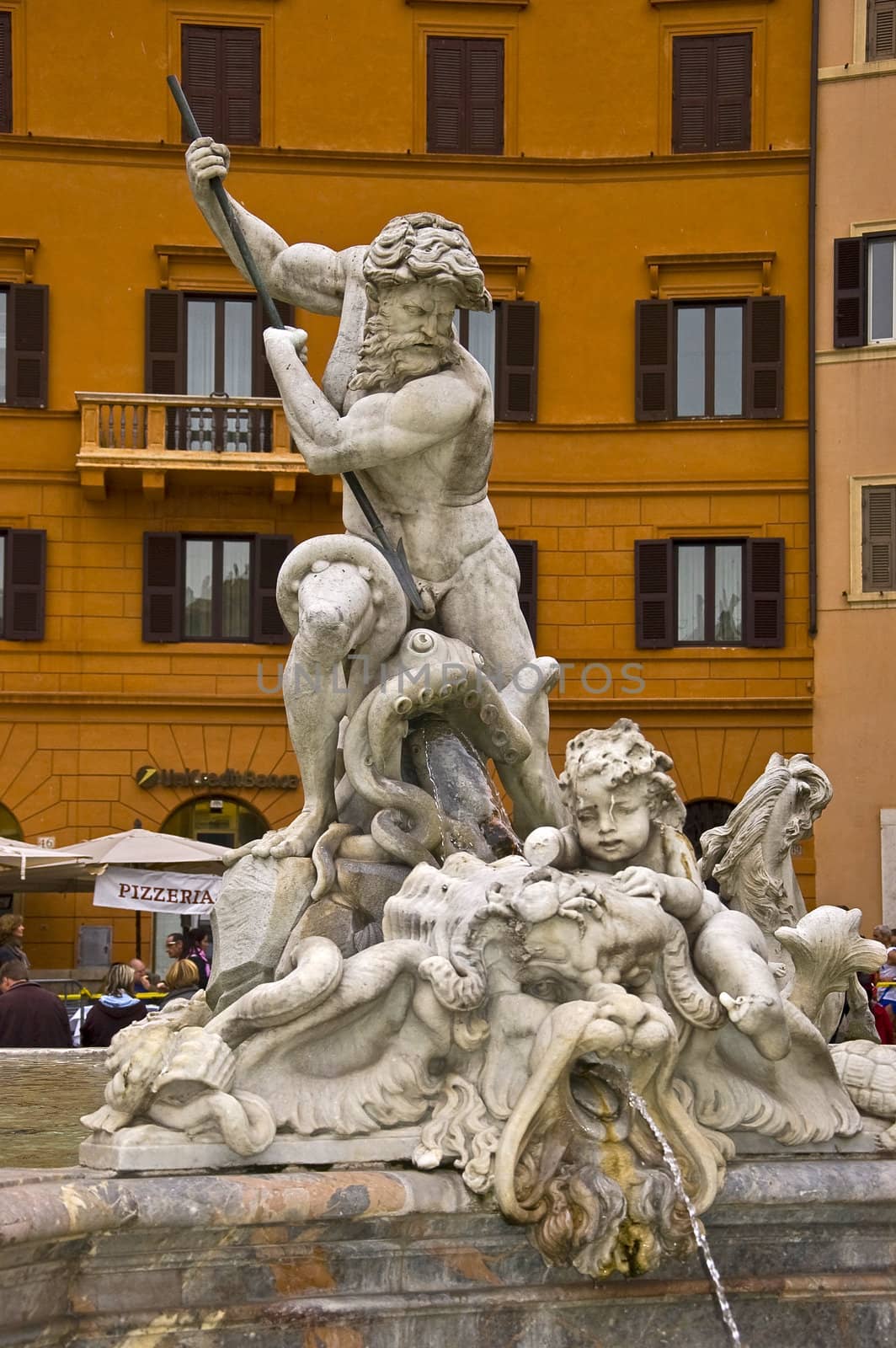 marble detail of Nettuno Fountain in Piazza Navona, Rome