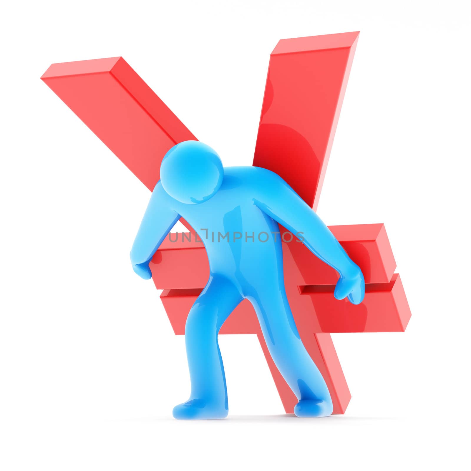 Blue human figure carring red yen sign on white background, 3d render