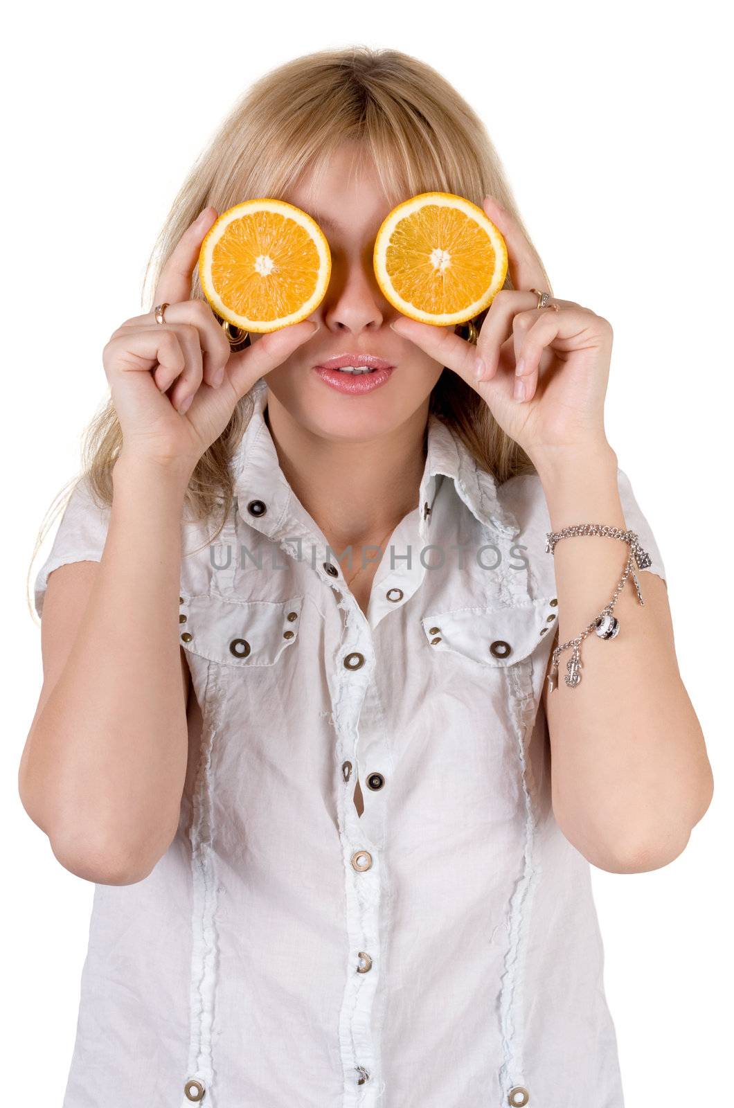 Funny girl with oranges. Isolated on white