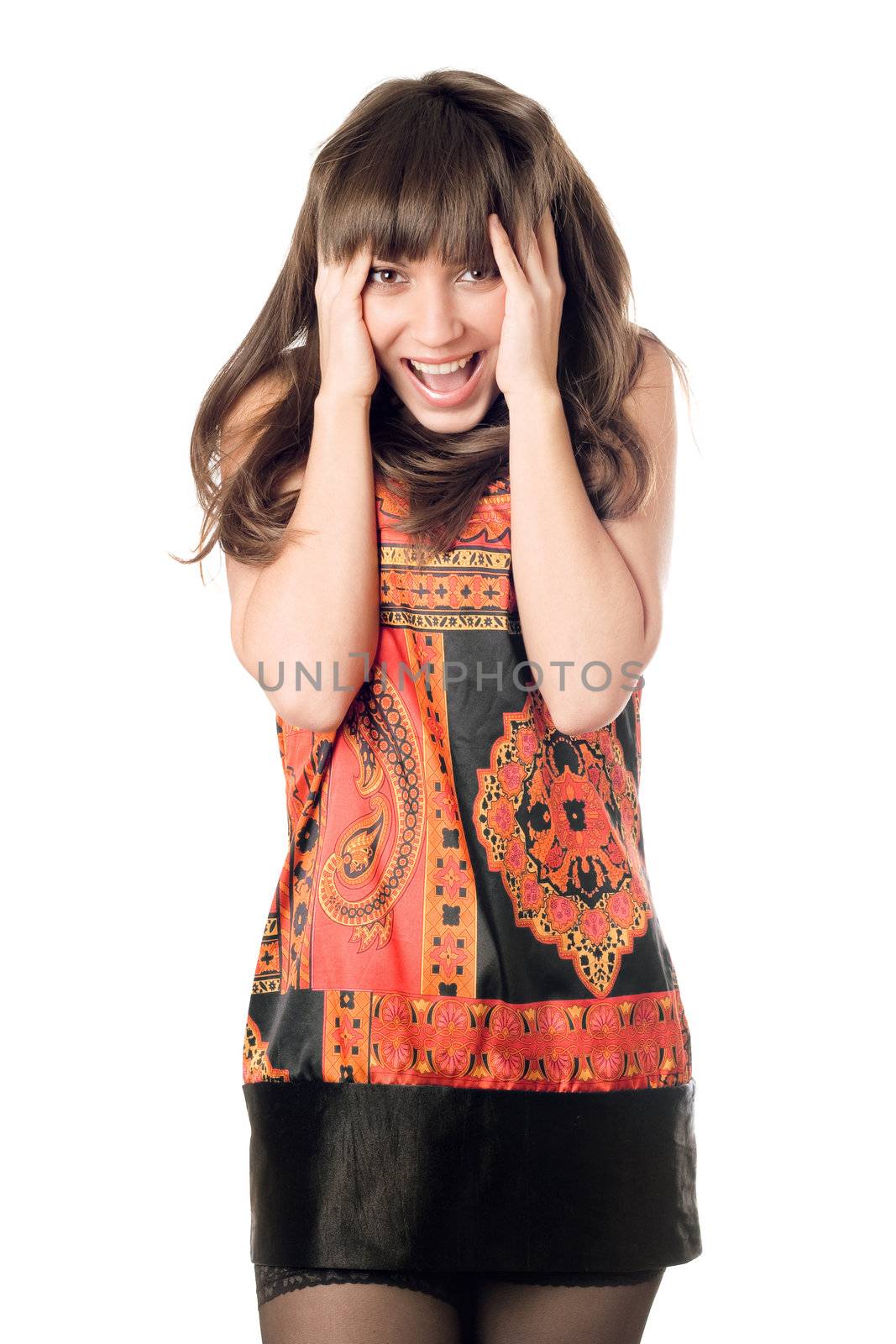 Joyful young caucasian woman touching her face. Isolated on white