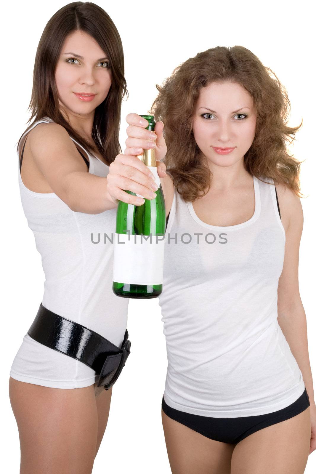 Two beautiful girls with a champagne bottle. Isolated by acidgrey
