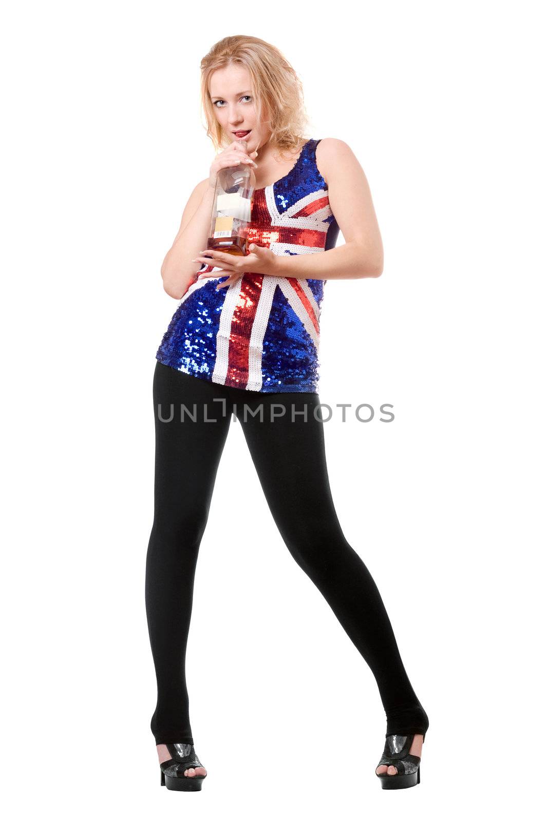 Playful blond woman with bottle. Isolated on white
