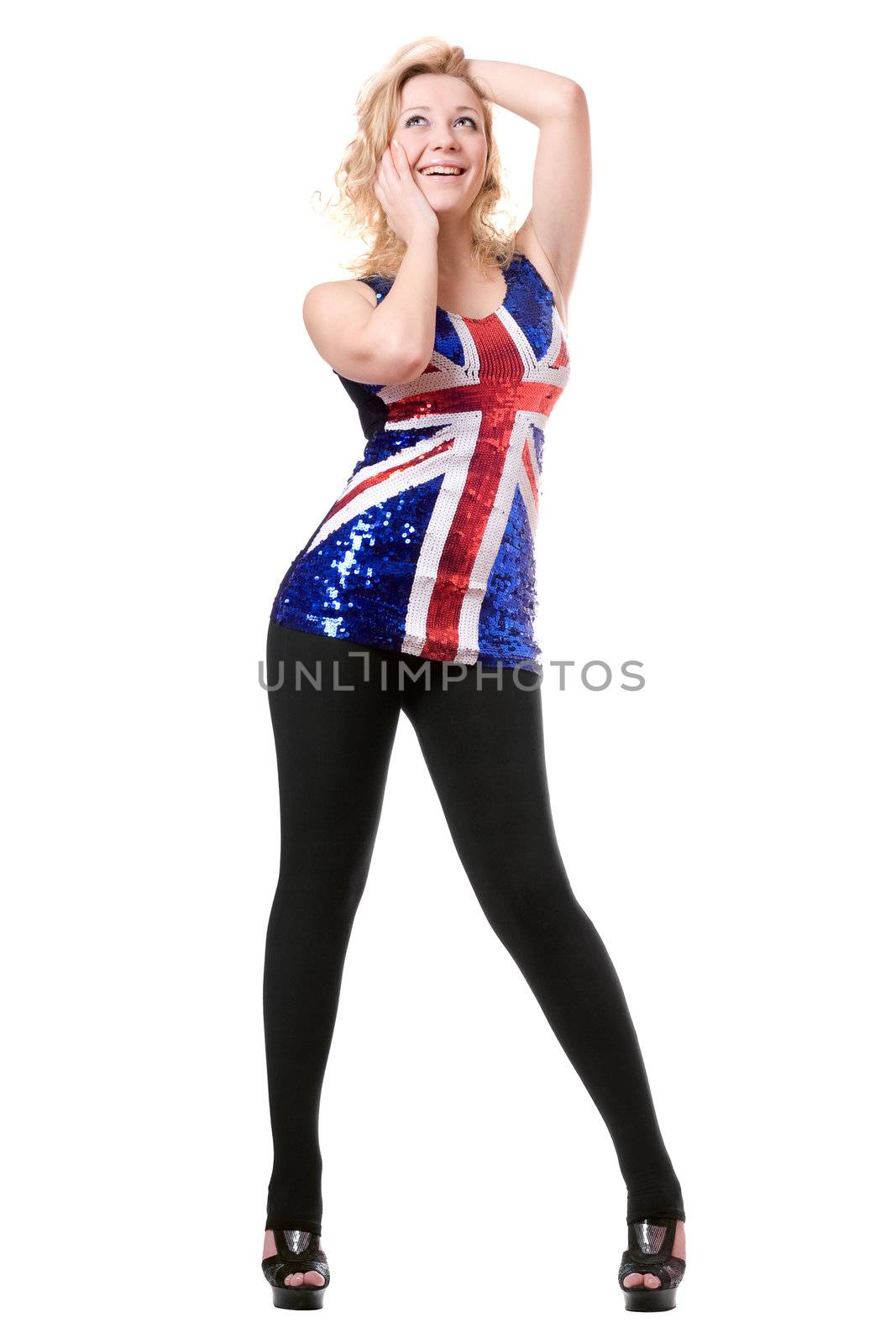 Young smiling woman wearing union-flag shirt. Isolated on white