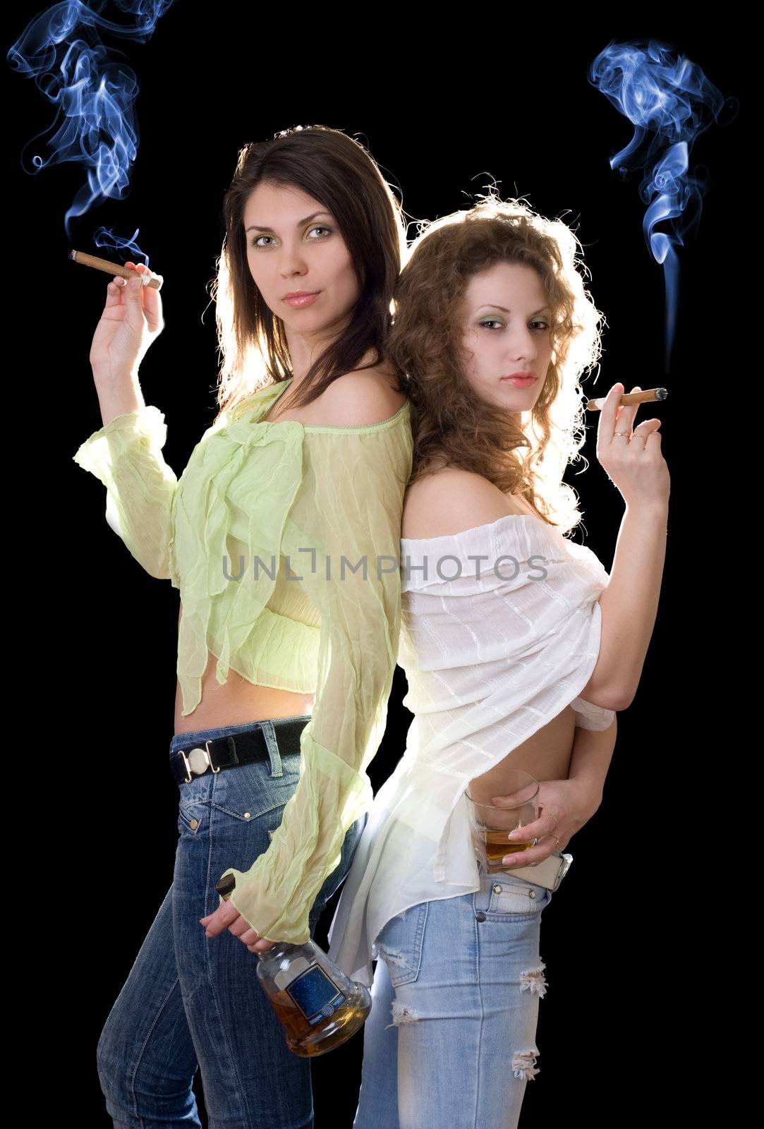 Two pretty girlfriends with a cognac and cigars by acidgrey