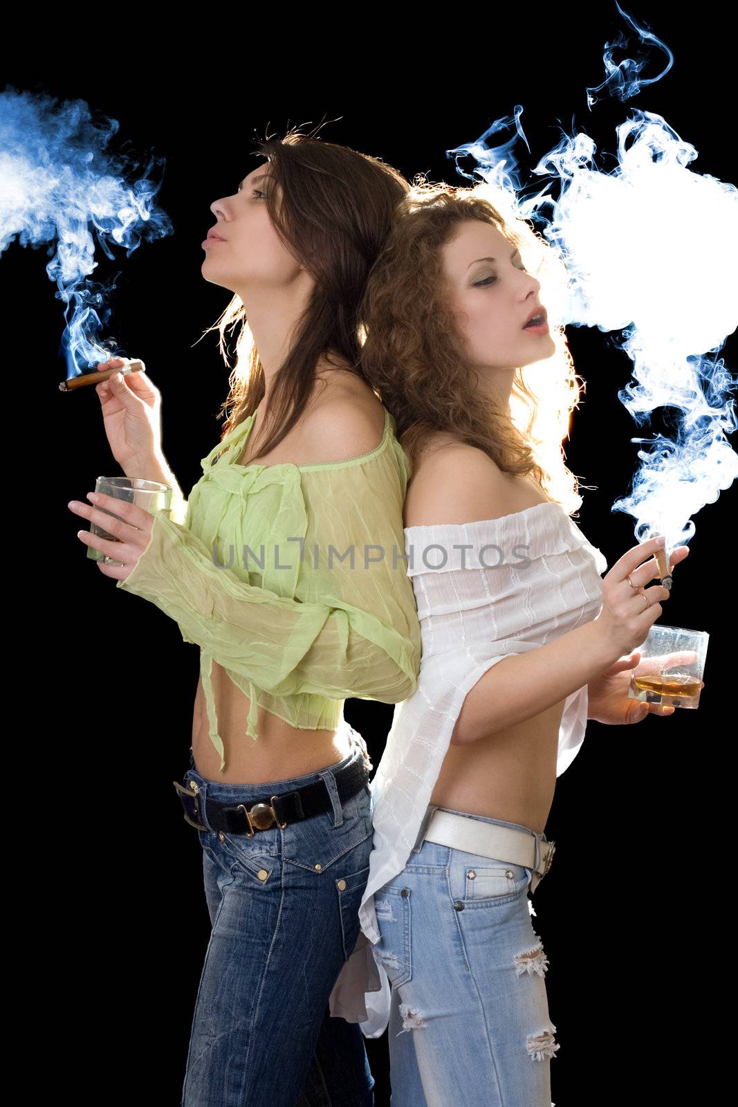 Two young pretty girlfriends with a cigars by acidgrey