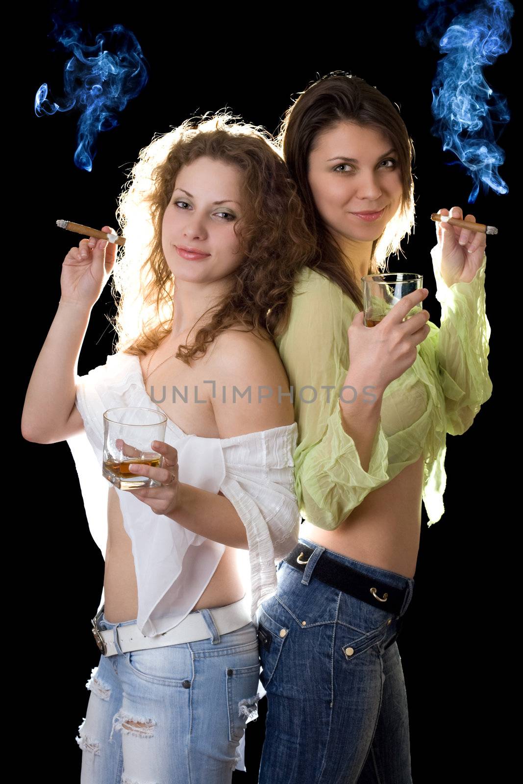 Two smiling pretty girlfriends with a cigars