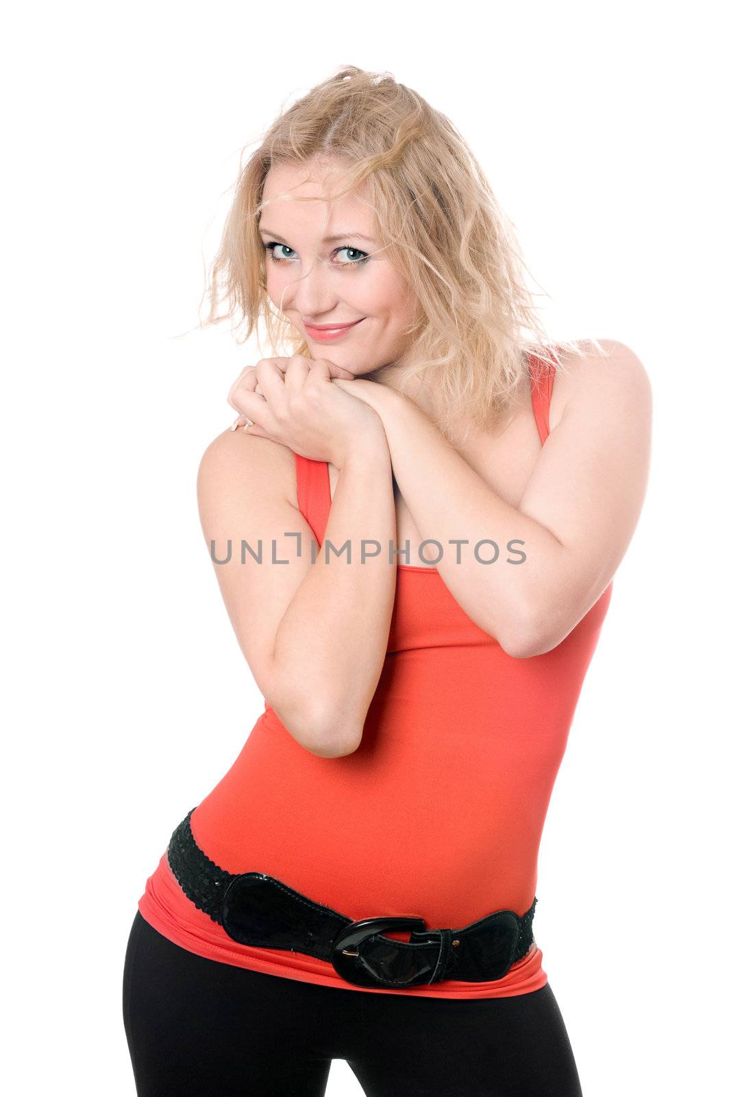 Playful smiling blonde in red t-shirt. Isolated on white