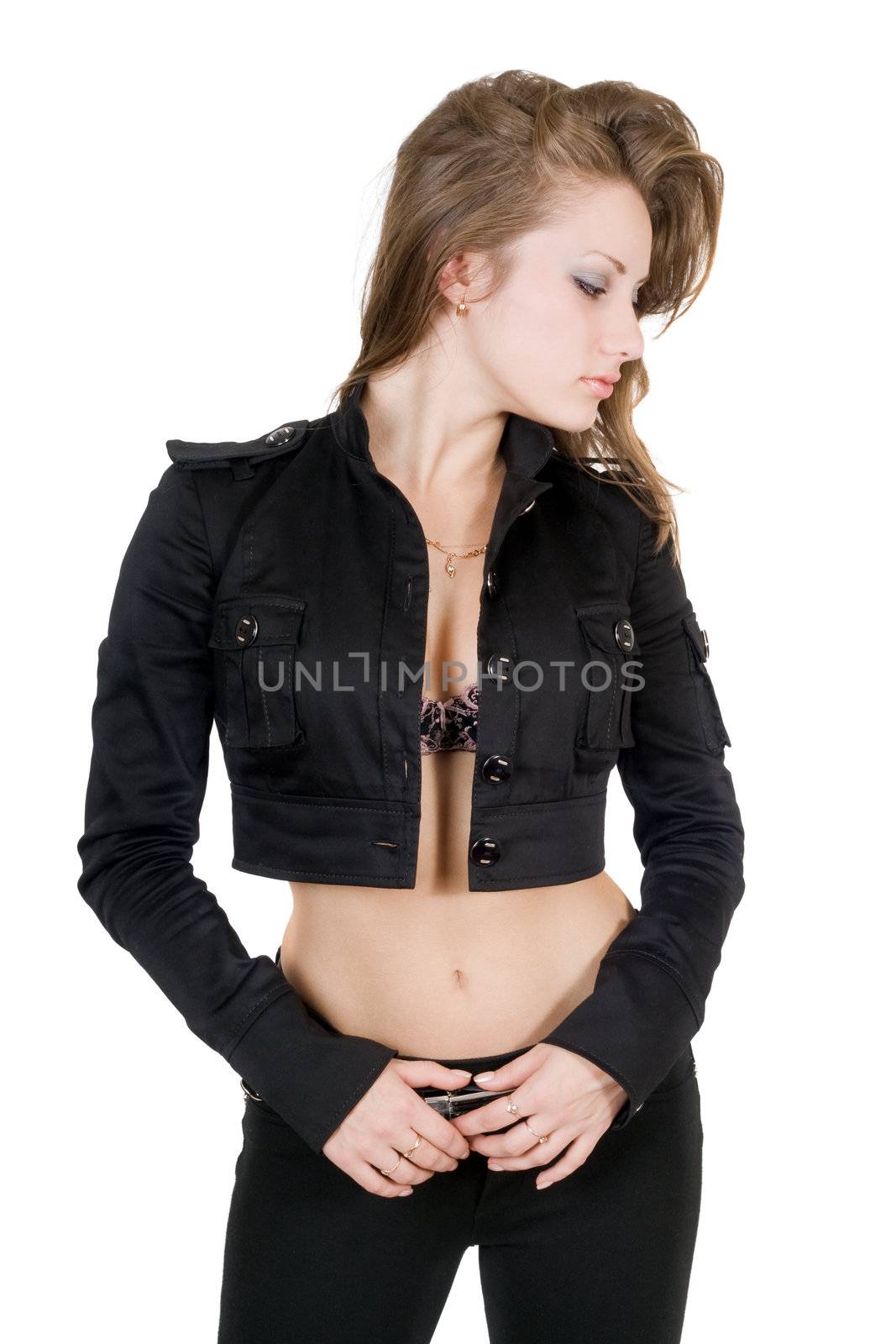 The young woman in a black suit. Isolated on a white background