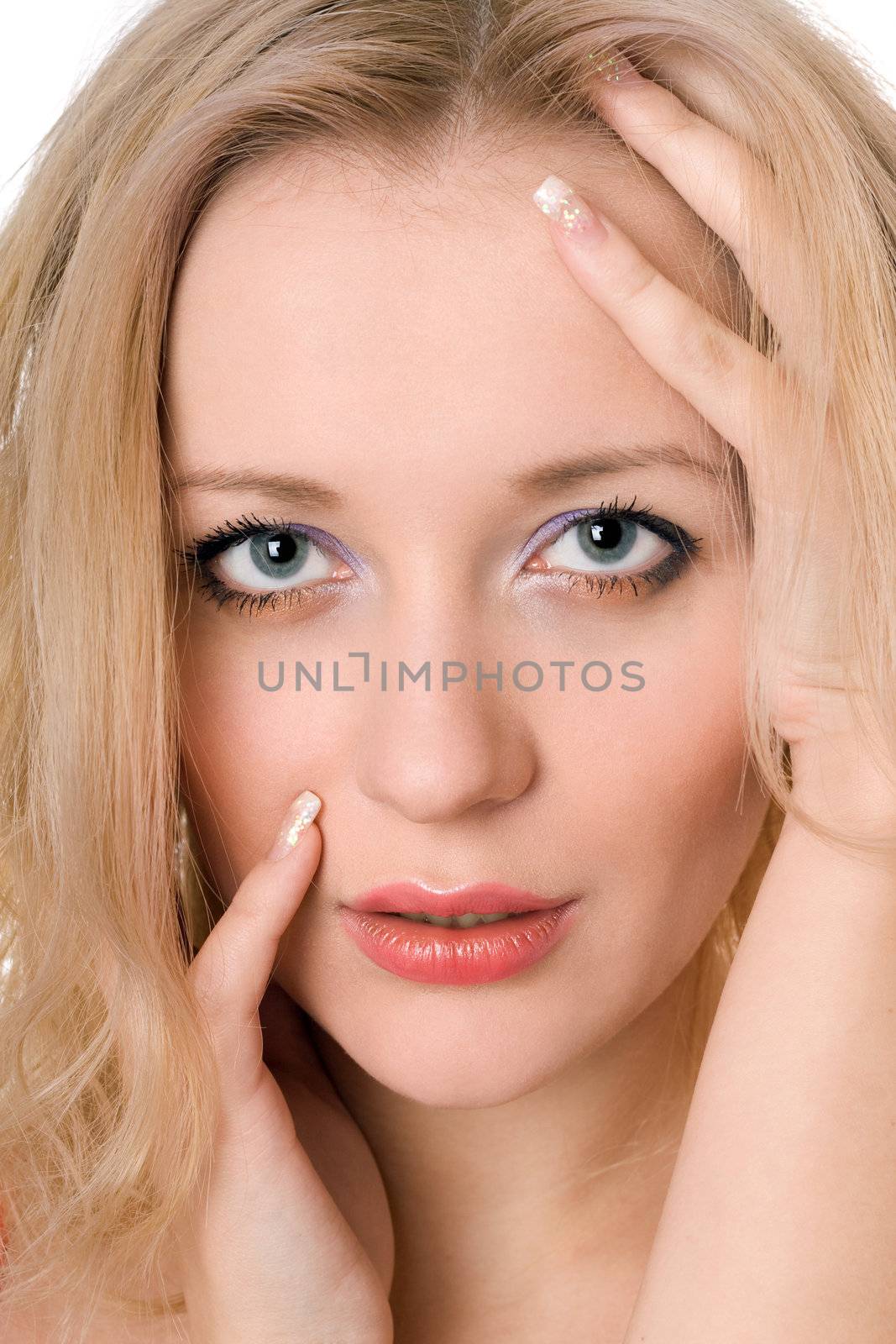 Portrait of pretty passionate blond lady. Isolated on white