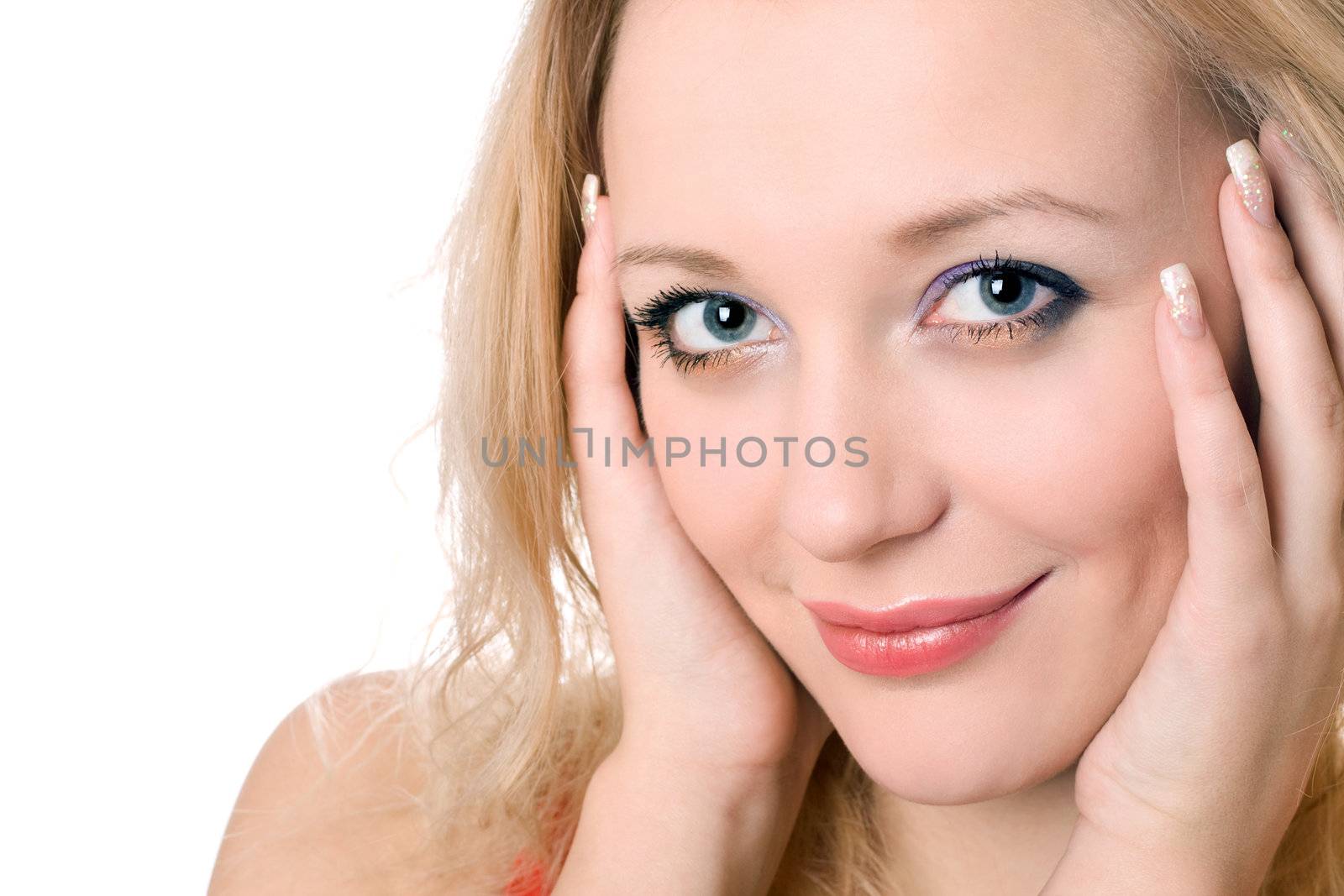 Close-up of joyful smiling blond woman. Isolated on white