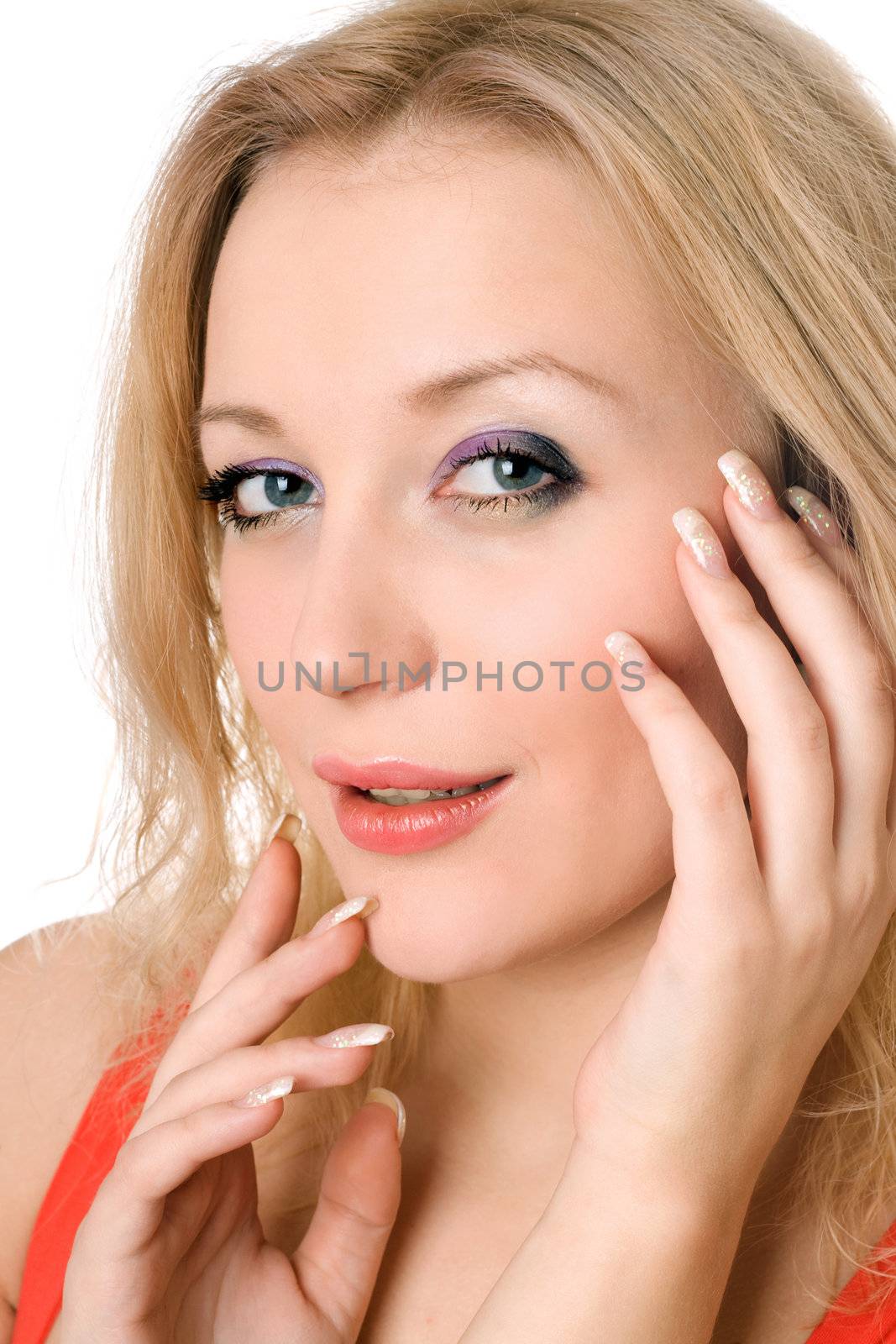 Portrait of playful young blond woman. Isolated on white