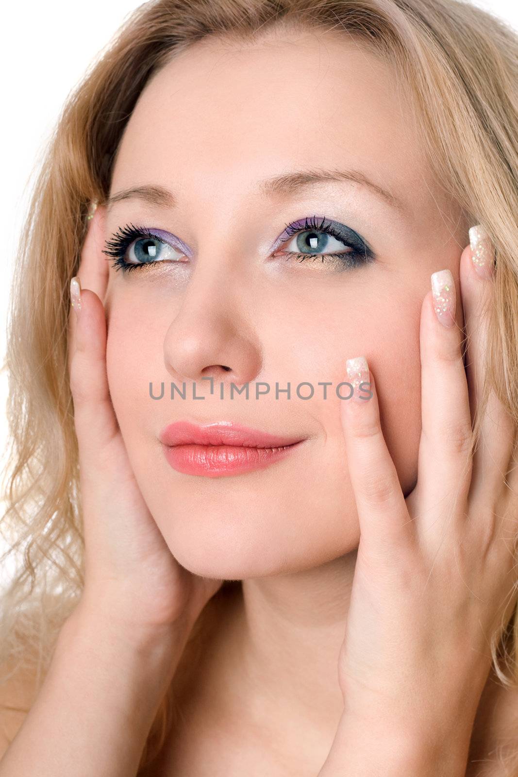 Portrait of pretty thoughtful blond woman. Isolated on white