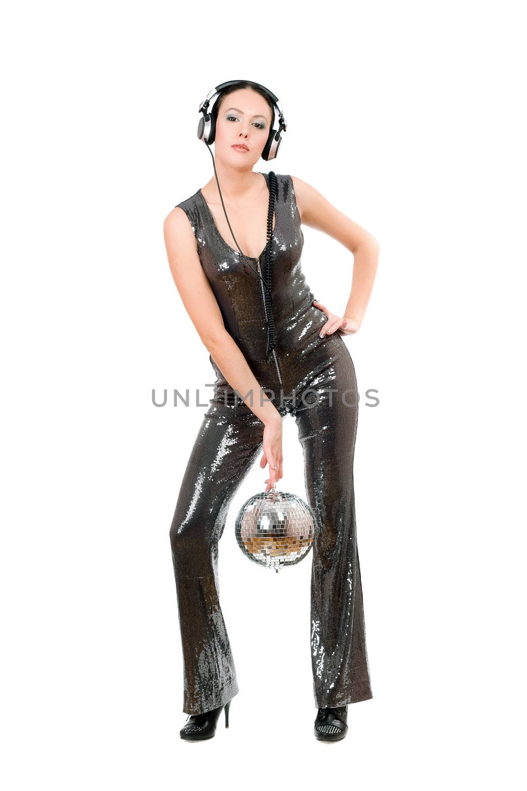 Nice young brunette with a mirror ball in her hands