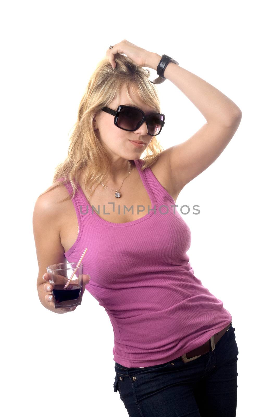 Pretty young blonde in black sunglasses. Isolated on white
