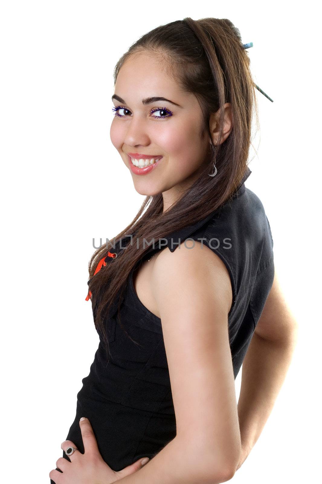 Attractive young woman in black. Isolated on white