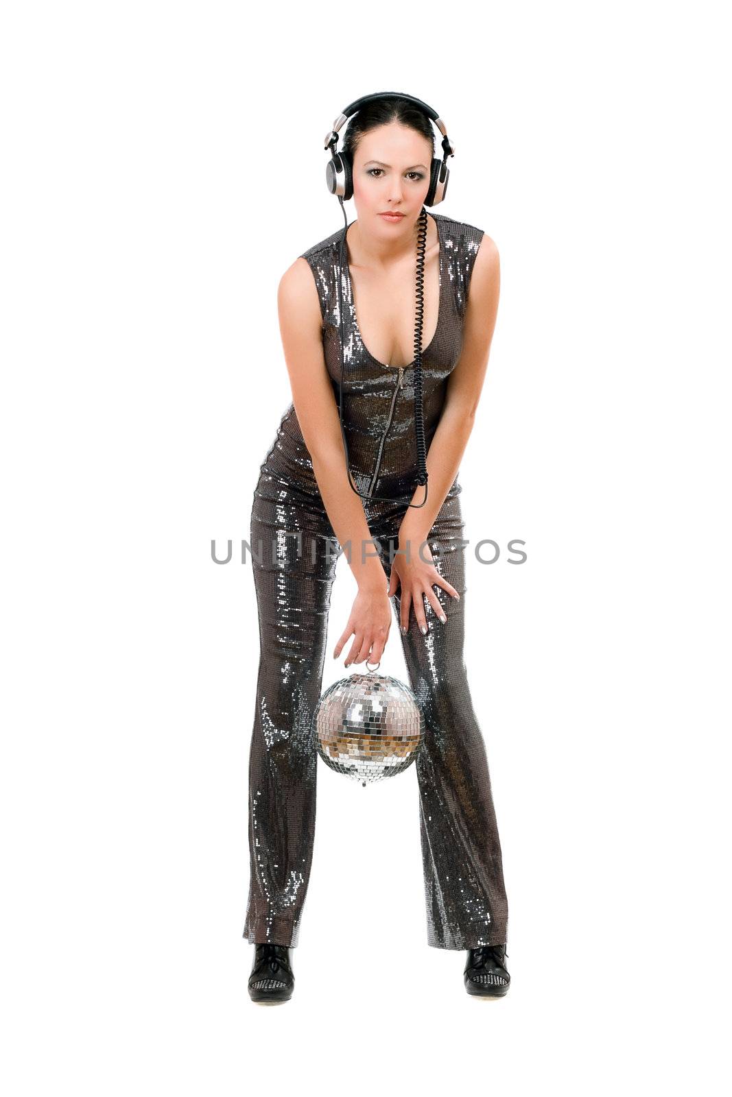 Beautiful young brunette with a mirror ball in her hands