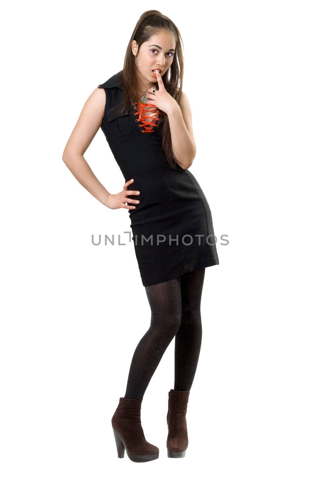 Playful pretty girl in black dress. Isolated