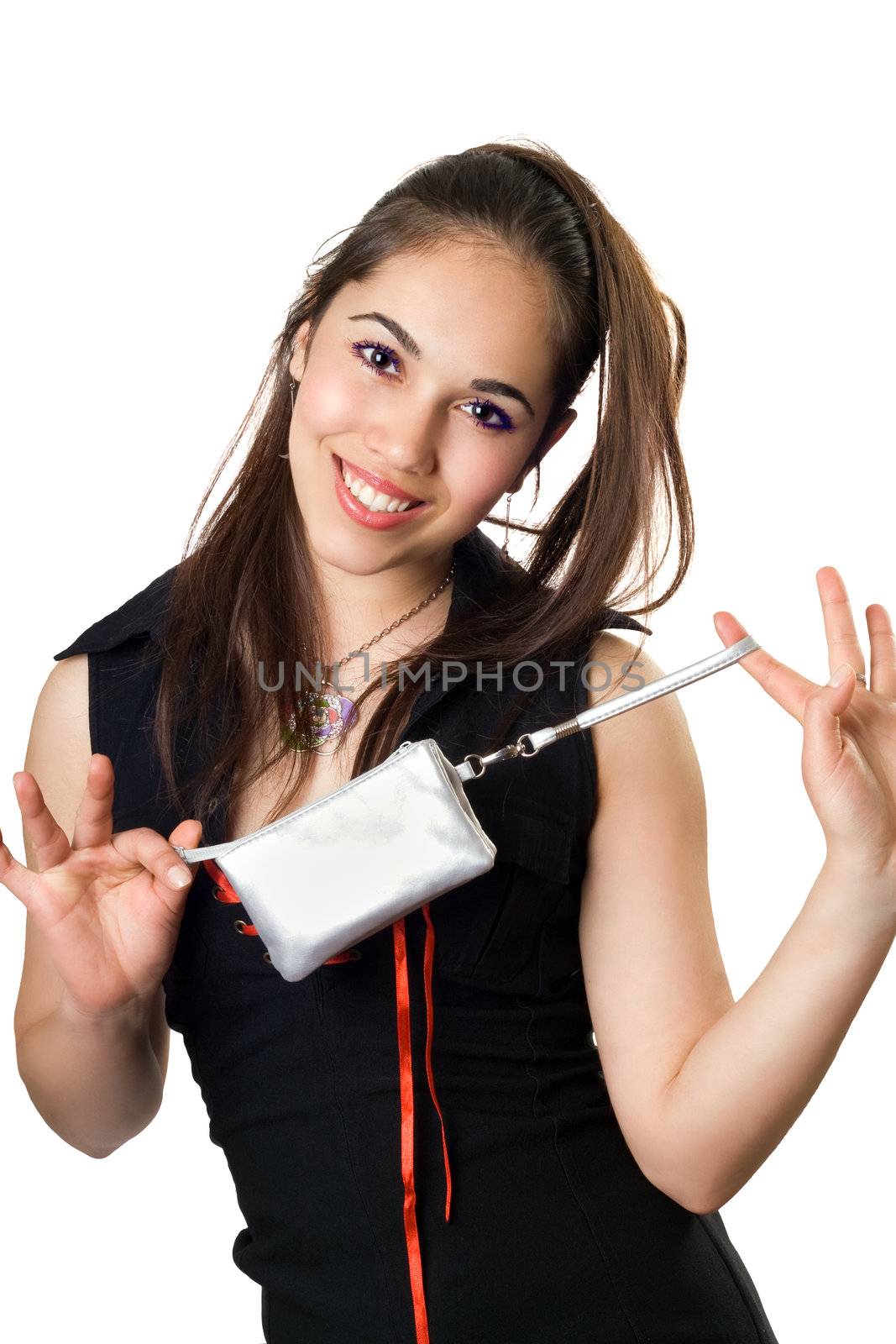 Attractive young woman presenting mobile bag. Isolated