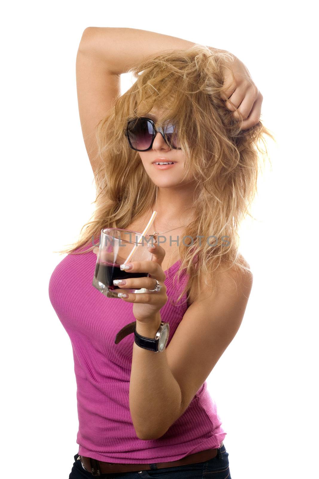 Playful young blonde with smashed hair. Isolated