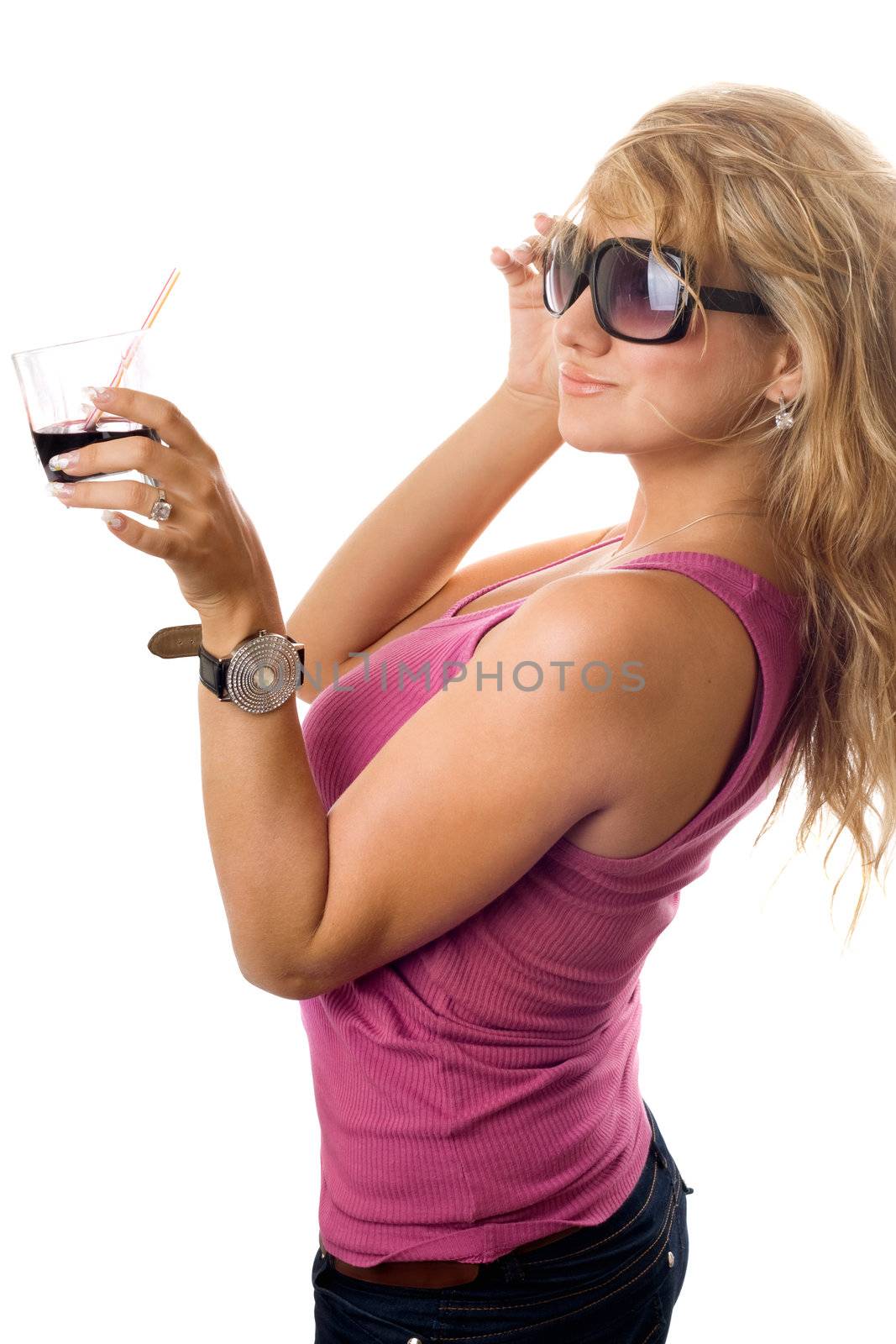 Pretty young blond woman with glass of cocktail. Isolated