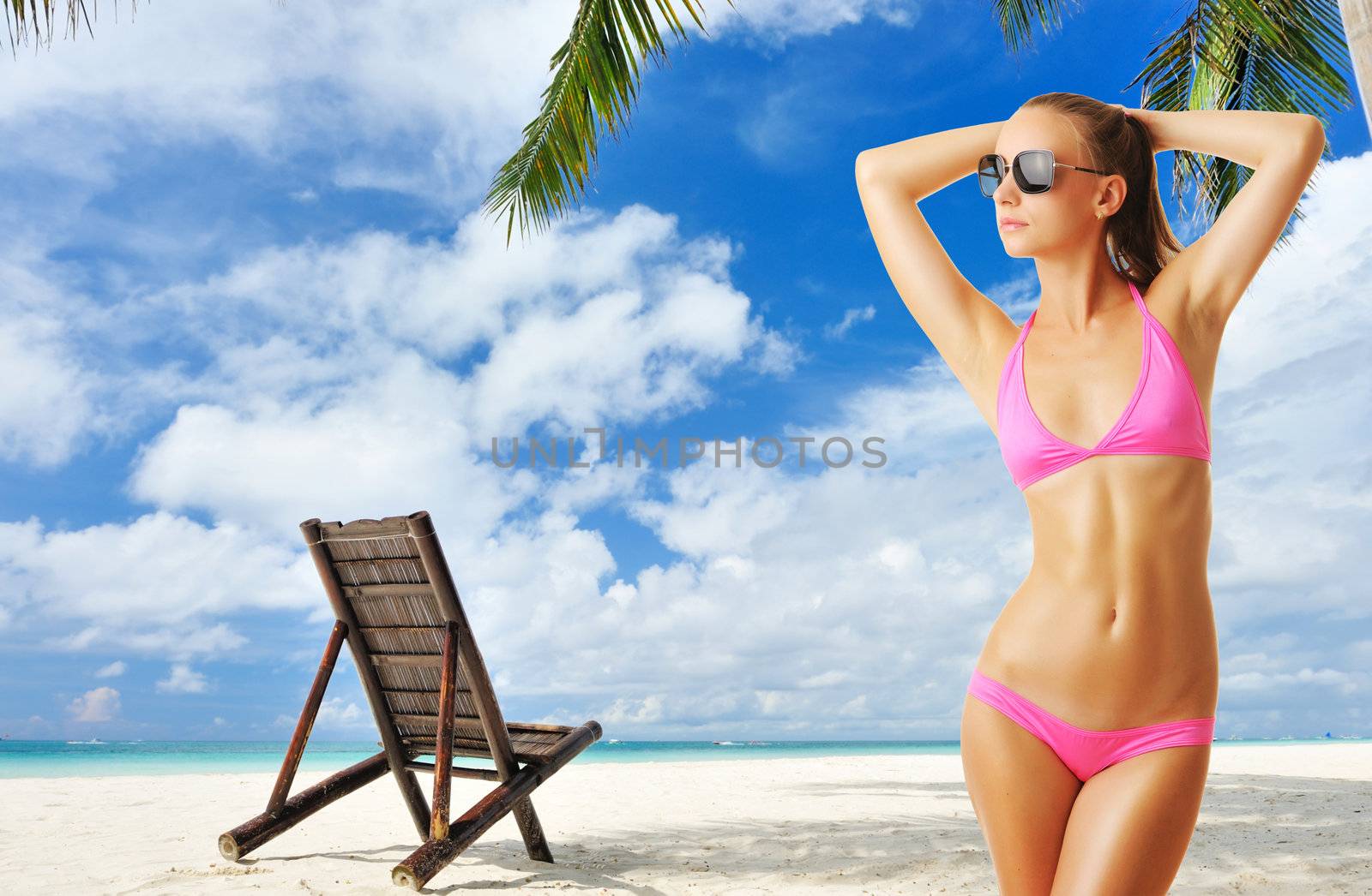 Woman with beautiful body wearing sunglasses at tropical beach. Collage.