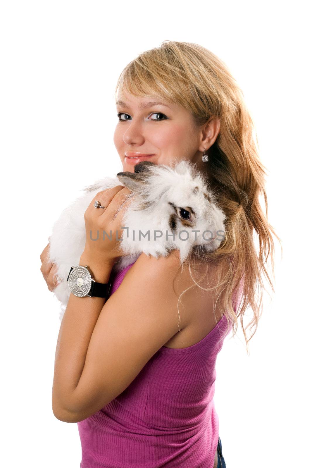 Cheerful young blonde with little rabbit. Isolated on white