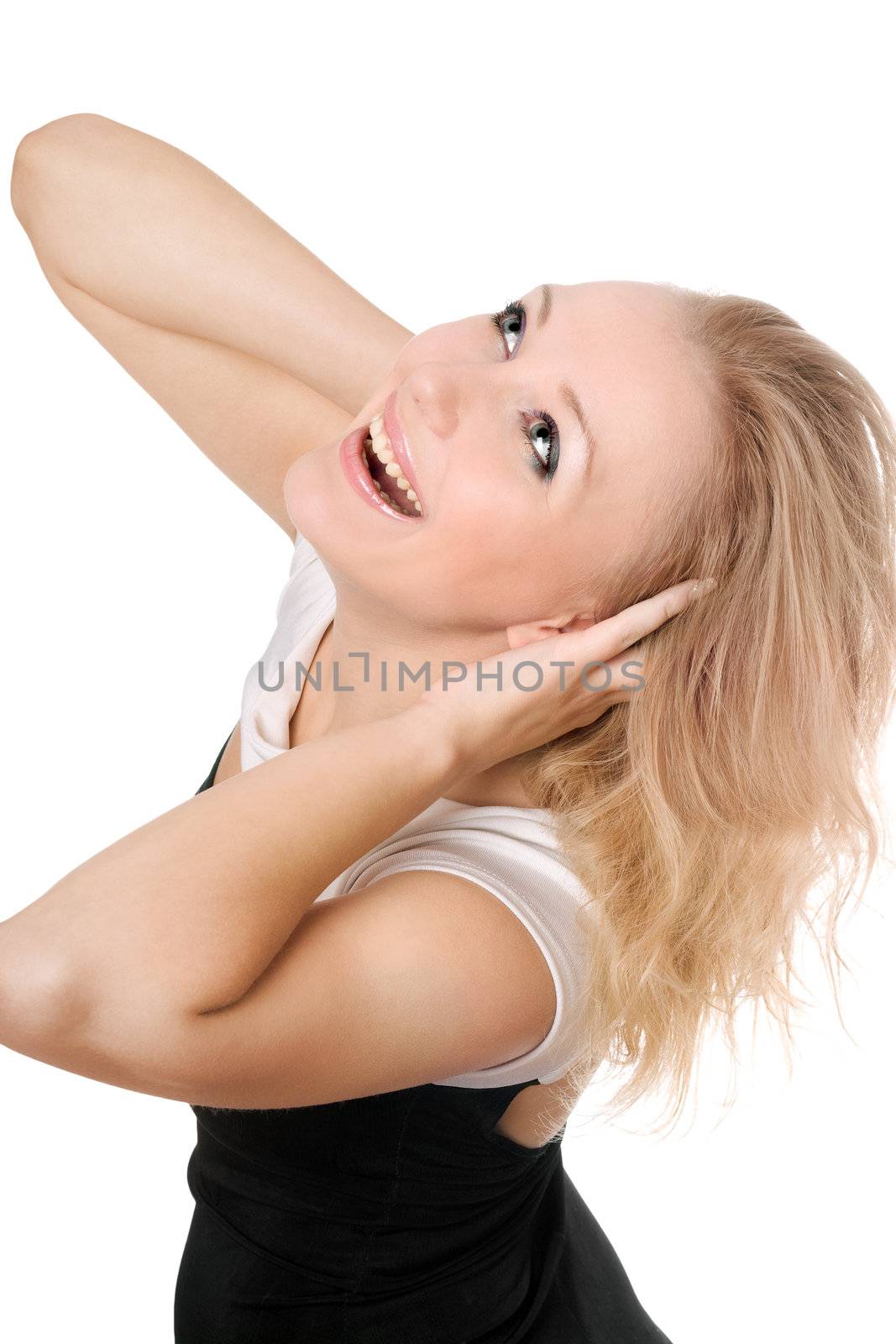 Young joyful blonde looking up. Isolated on white