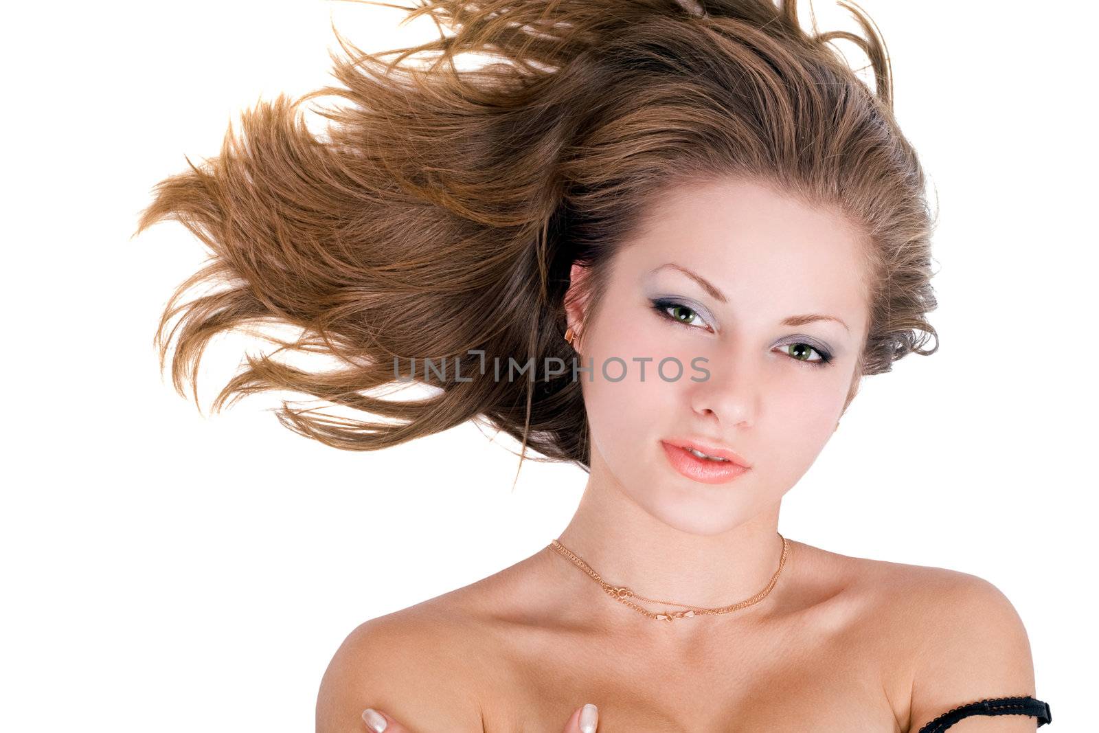 Portrait of the young beauty woman over white