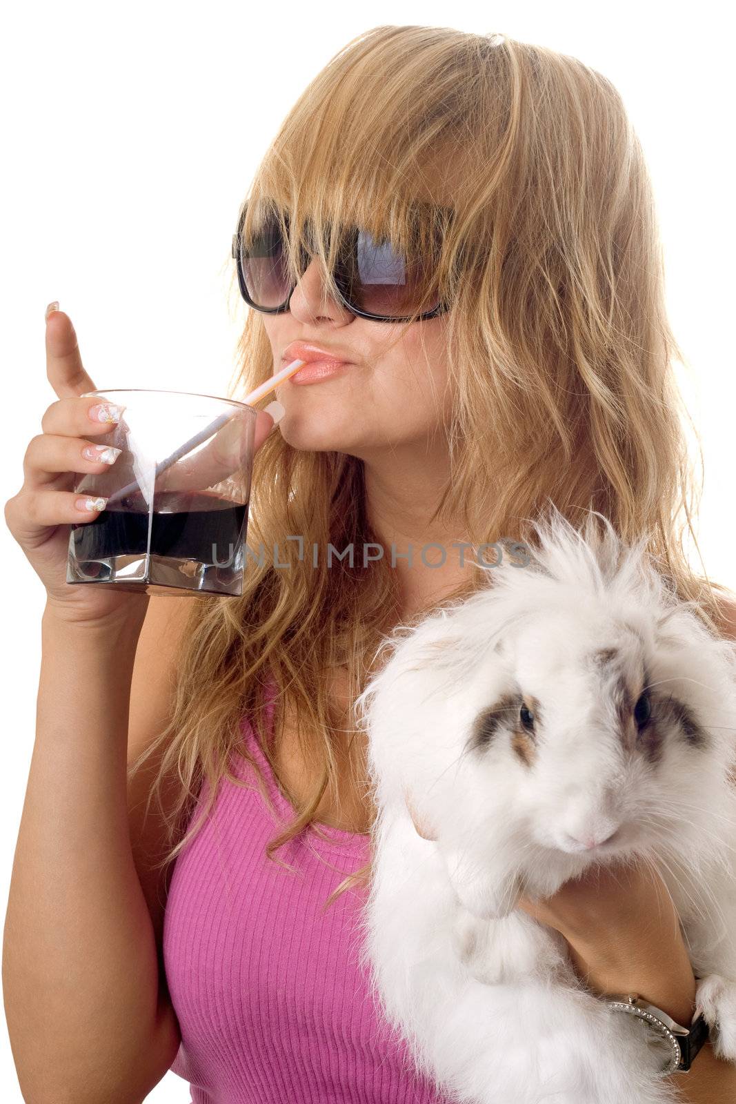 Pretty blonde with a little rabbit. Isolated