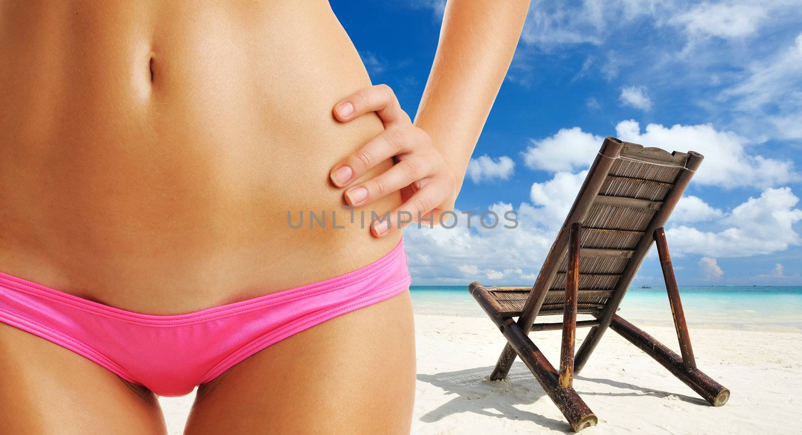 Woman with beautiful body at tropical beach. Collage.