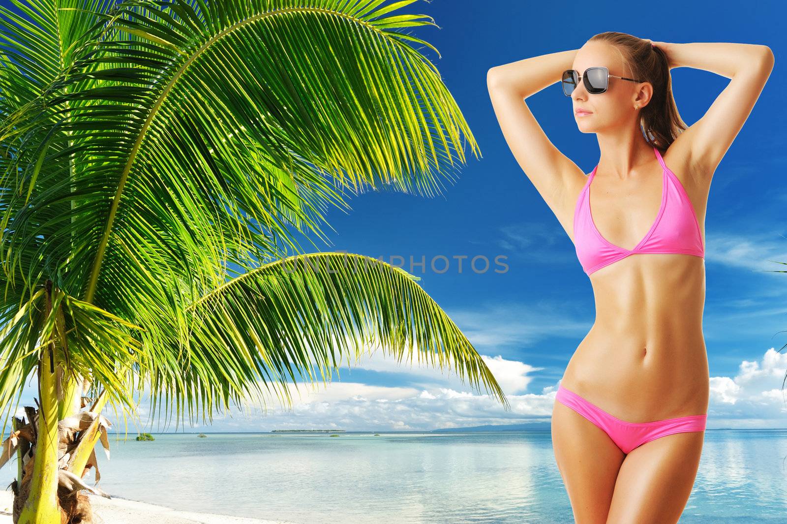 Woman with beautiful body wearing sunglasses at tropical beach. Collage.