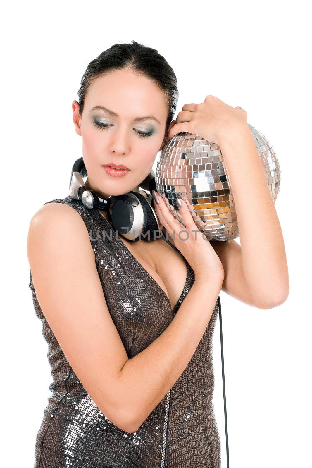 Portrait of nice young woman with a mirror ball in her hands. Isolated on white