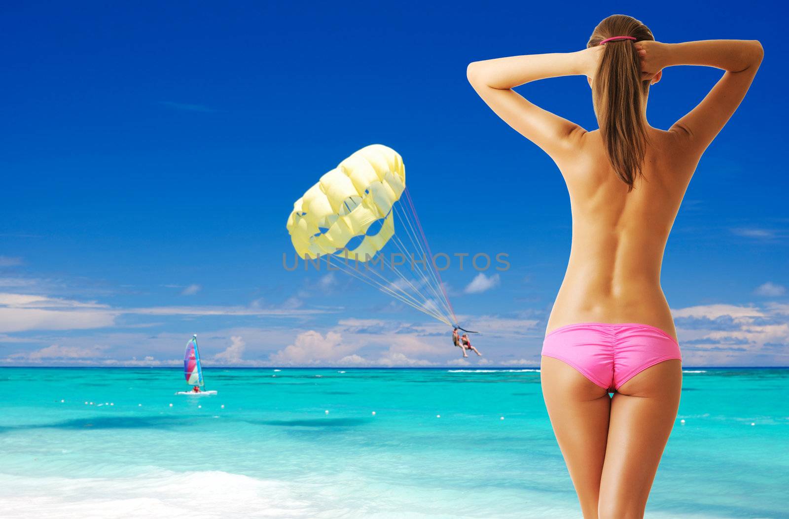 Woman with beautiful body at tropical beach. Collage.