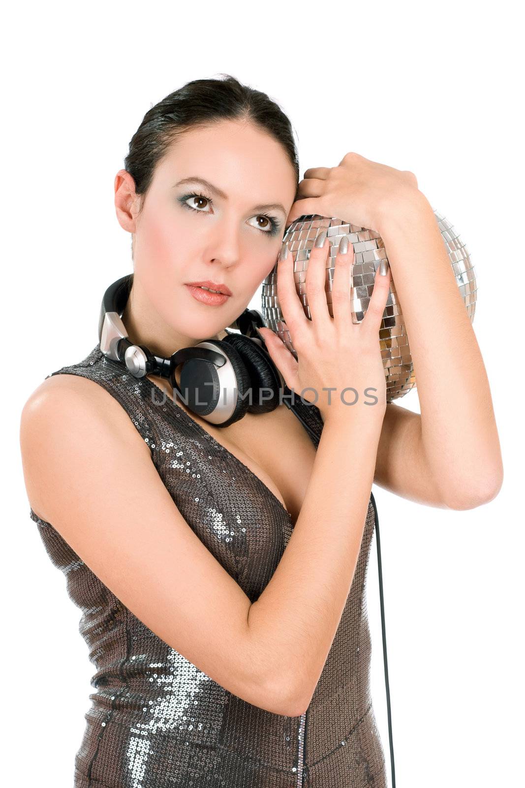 Portrait of young woman with a mirror ball in her hands. Isolated on white