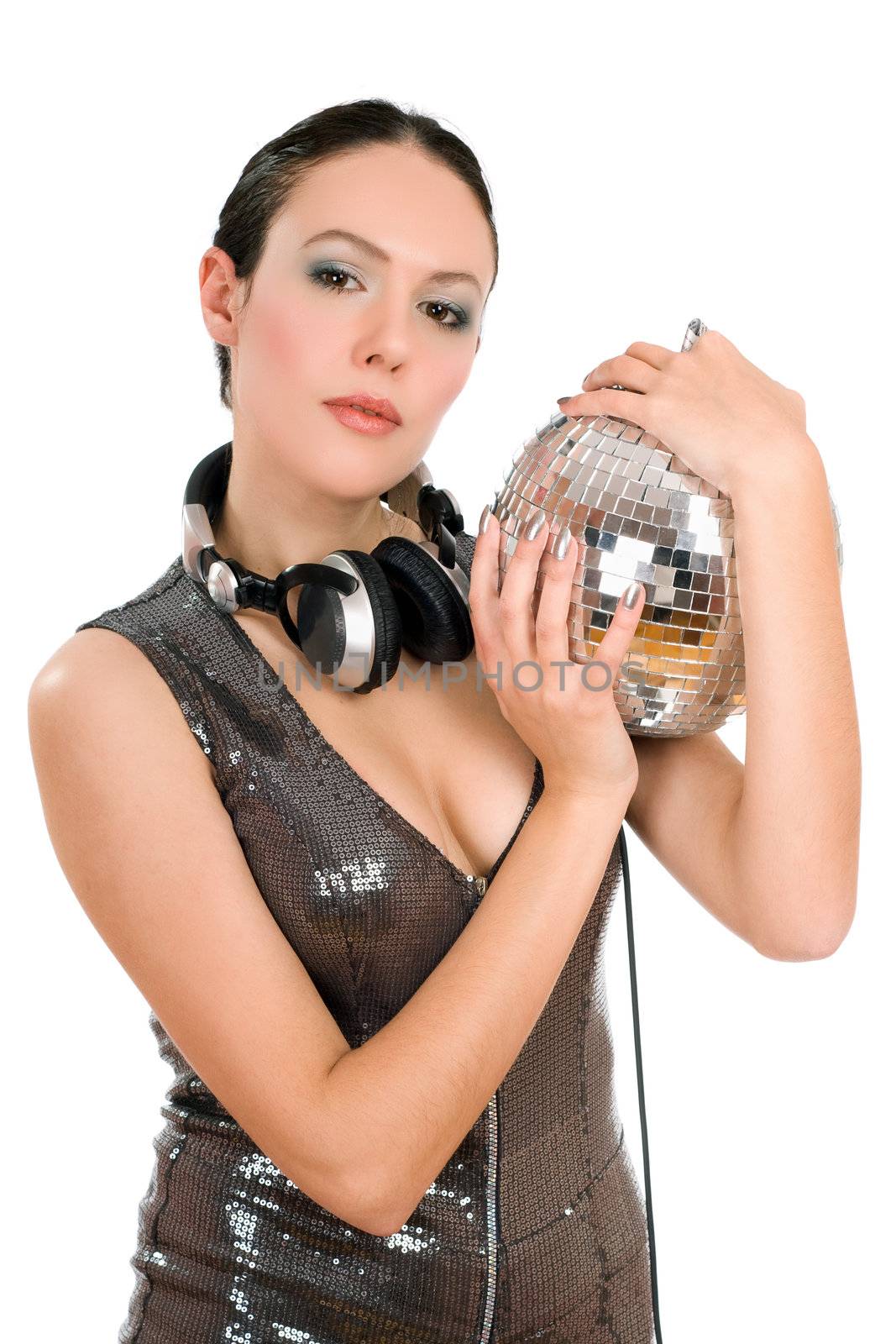 Portrait of beautiful young woman with a mirror ball in her hands. Isolated on white