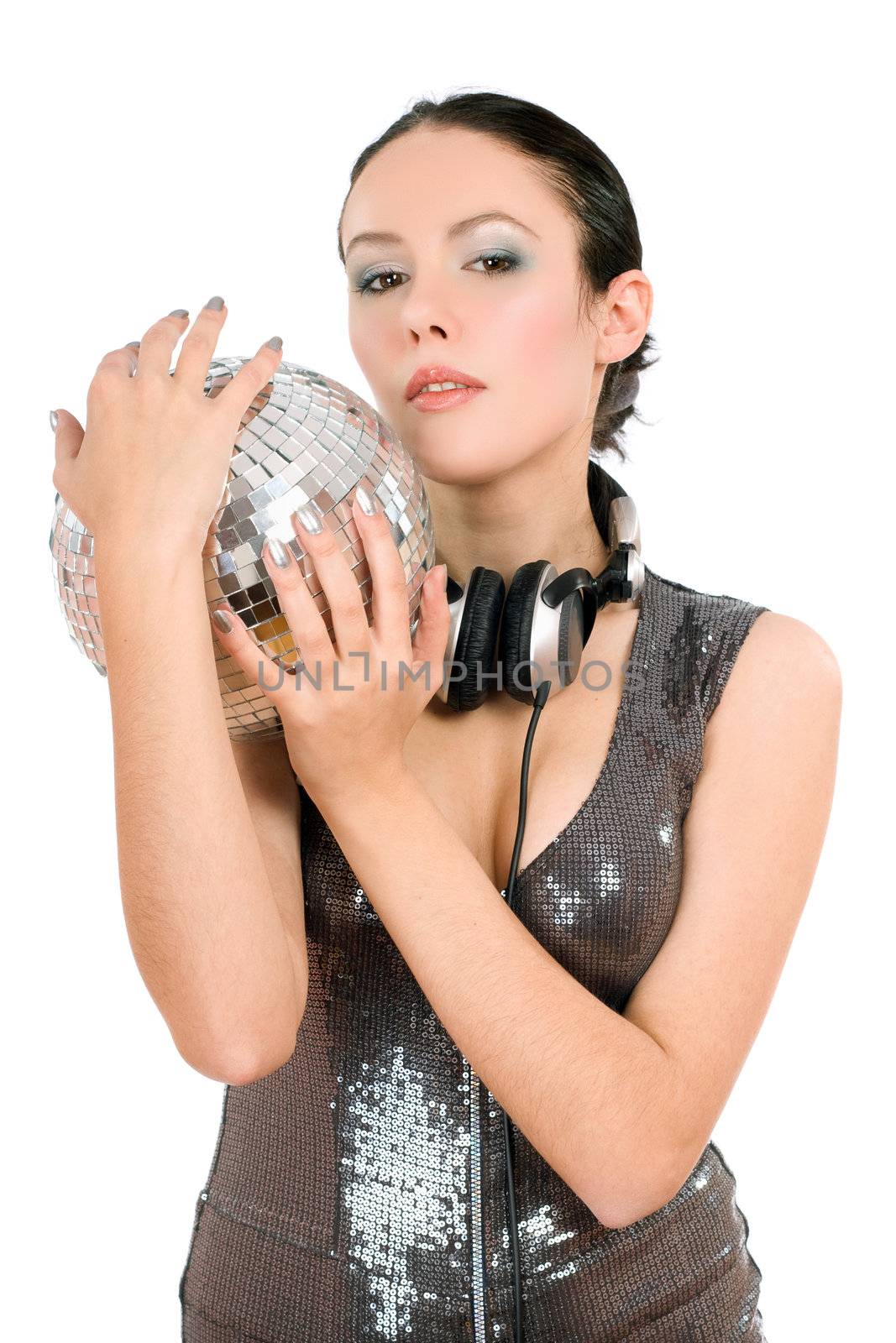 Portrait of beautiful young brunette with a mirror ball in her hands. Isolated on white