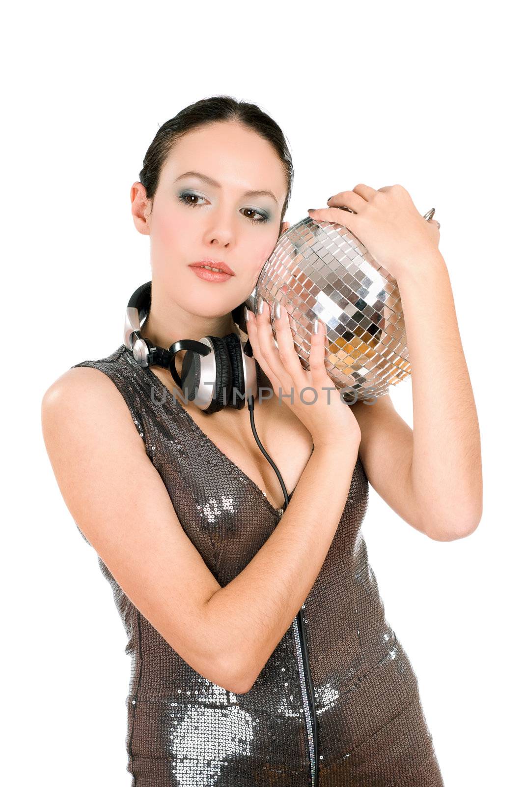 Portrait of young brunette with a mirror ball in her hands. Isolated