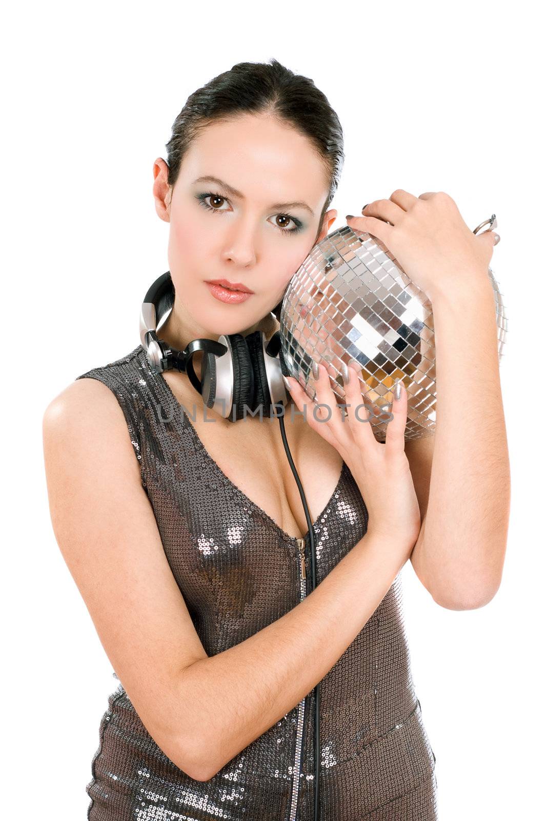 Portrait of nice young brunette with a mirror ball in her hands. Isolated
