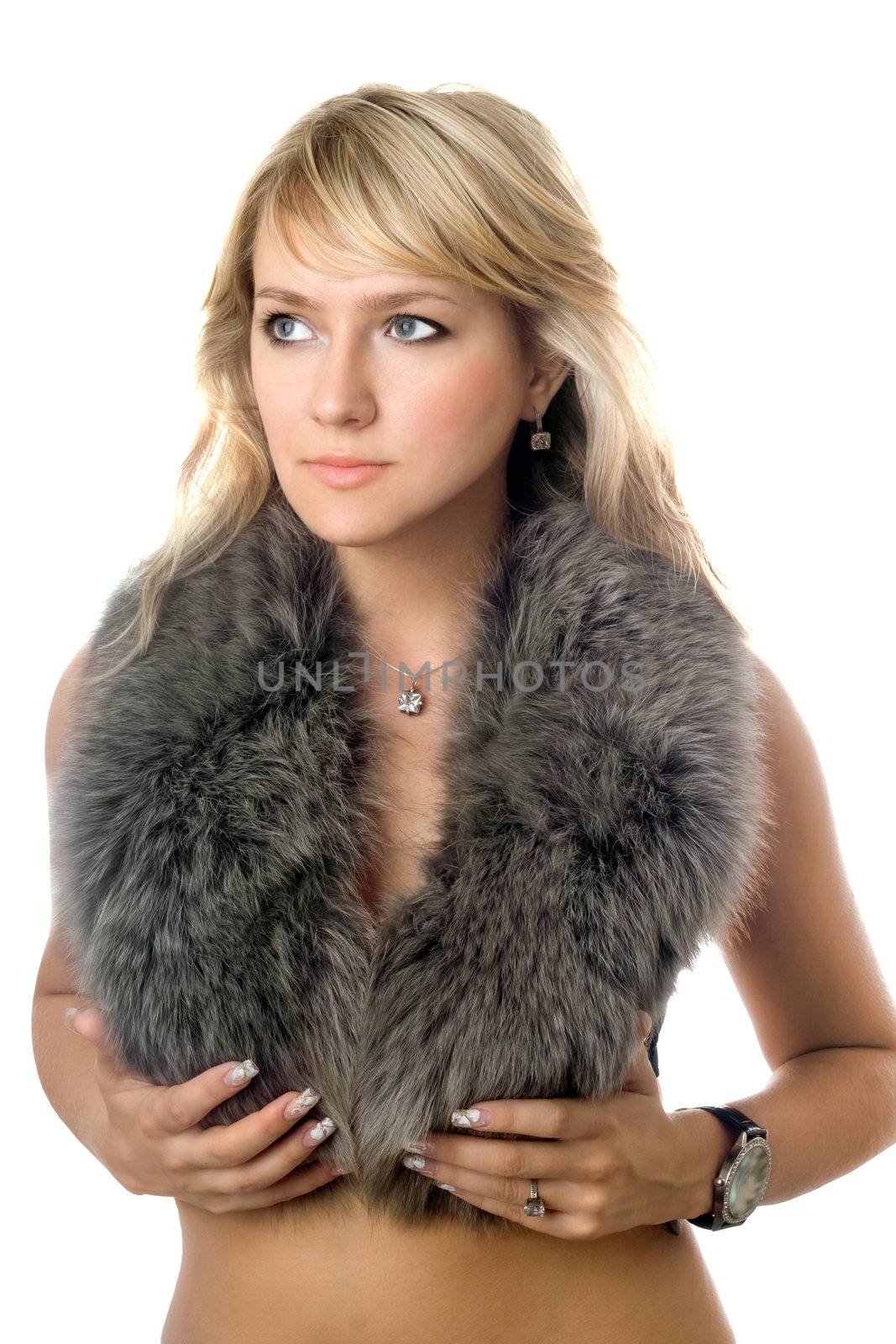 Portrait of young beautiful blonde. Isolated on white