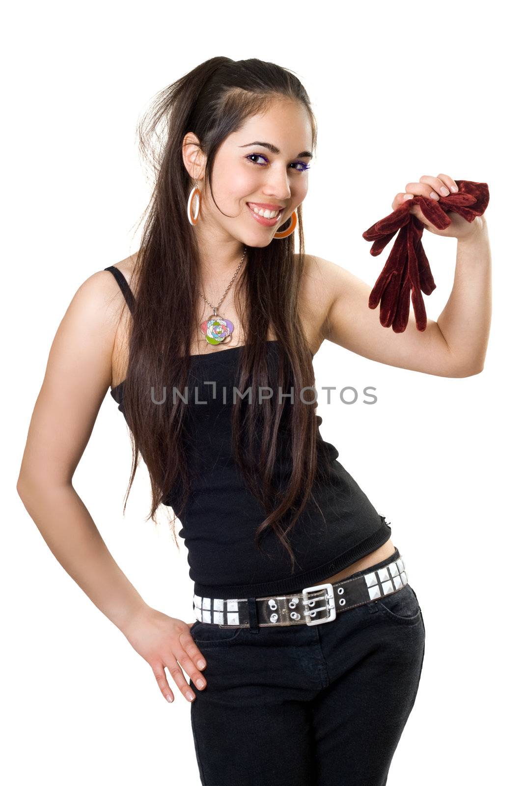 Playful pretty woman with gloves. Isolated on white