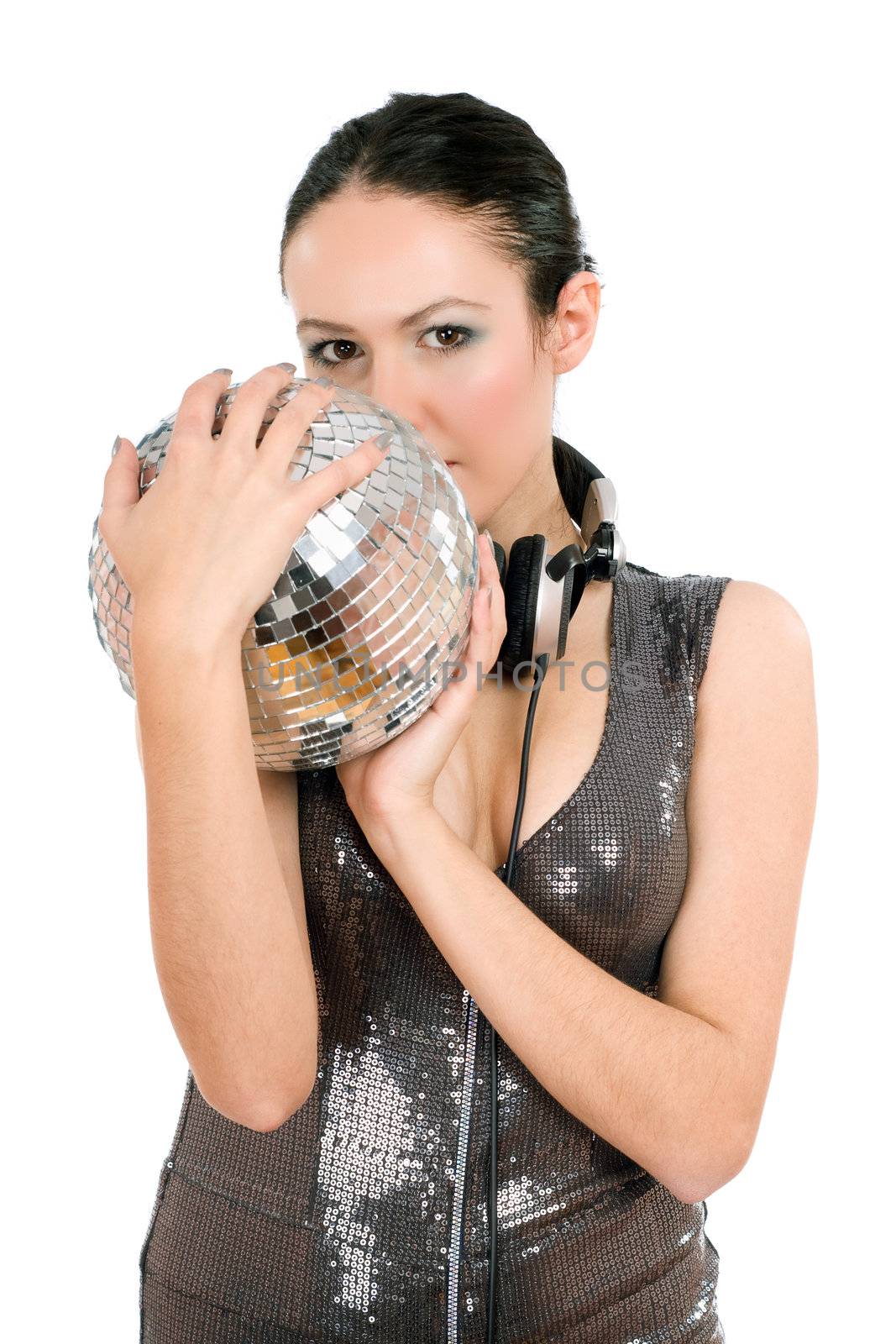 Portrait of attractive young brunette with a mirror ball in her hands. Isolated on white
