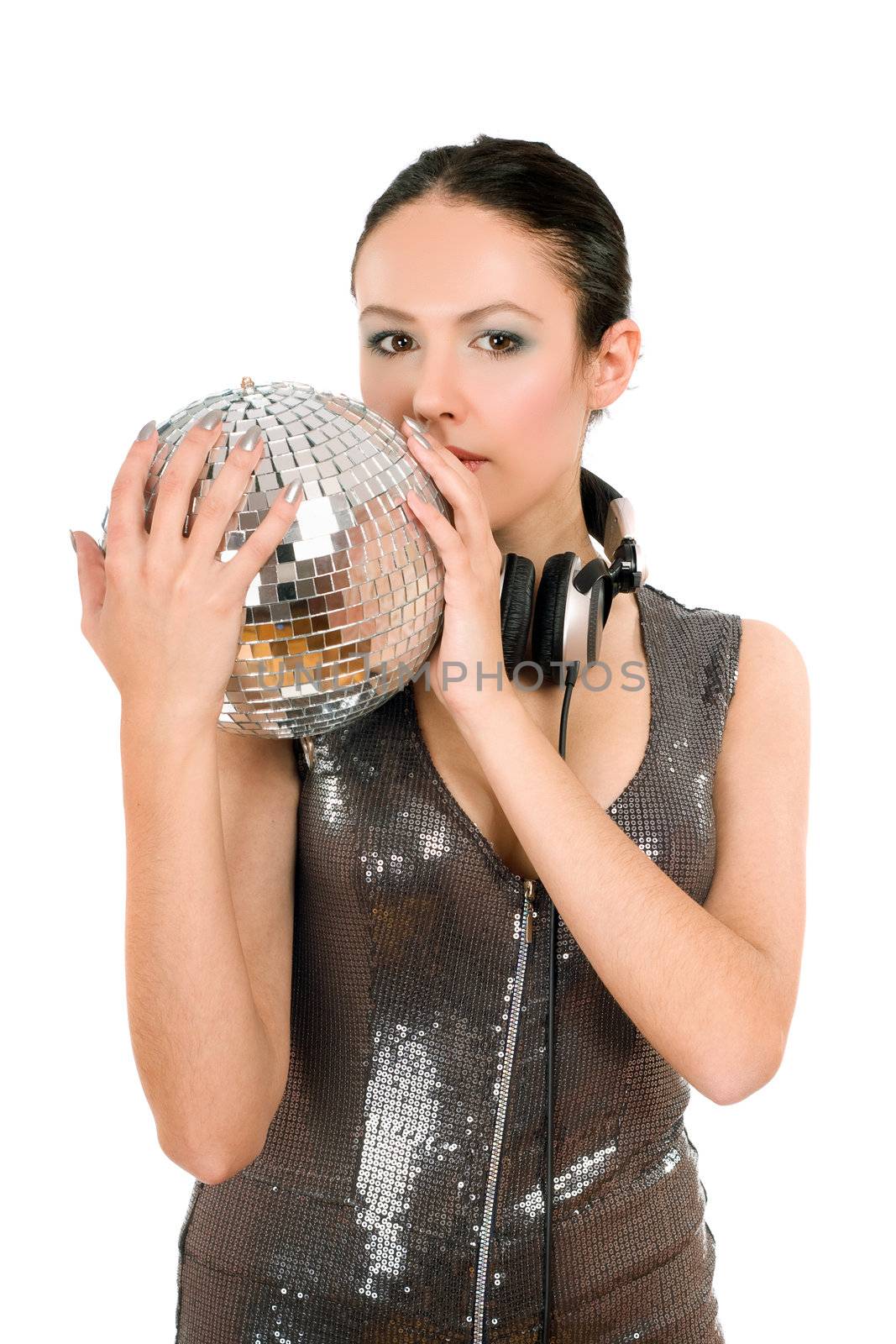 Portrait of attractive young brunette with a mirror ball in her hands. Isolated