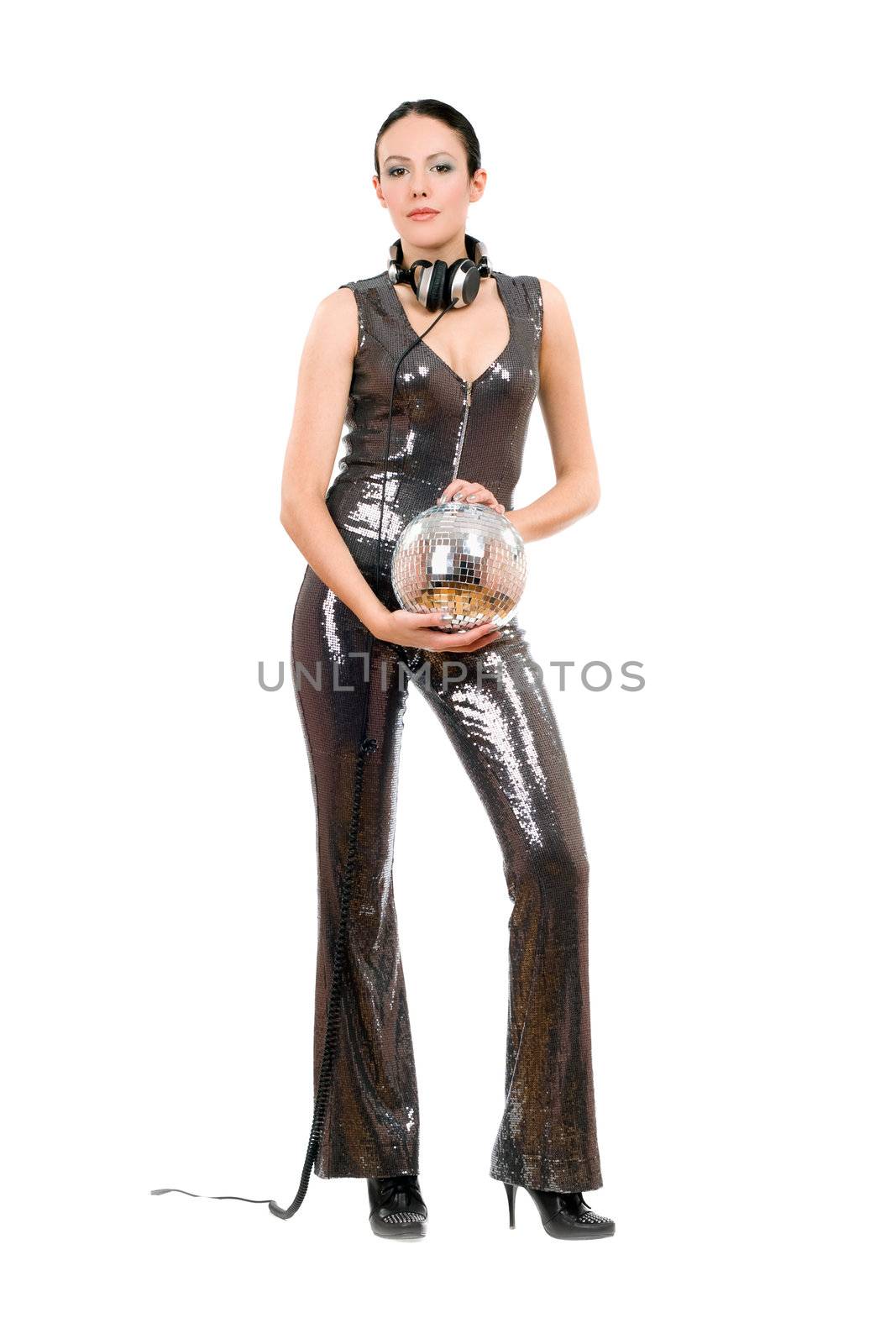 Young nice brunette with a mirror ball in her hands