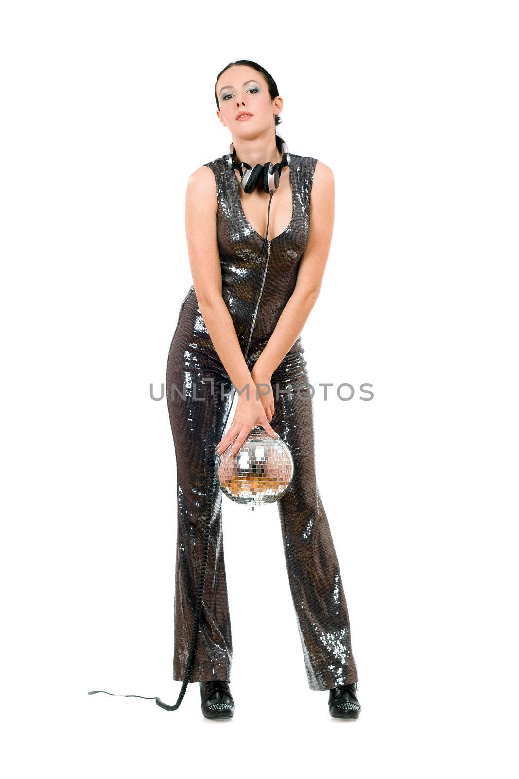Young sexy brunette with a mirror ball in her hands