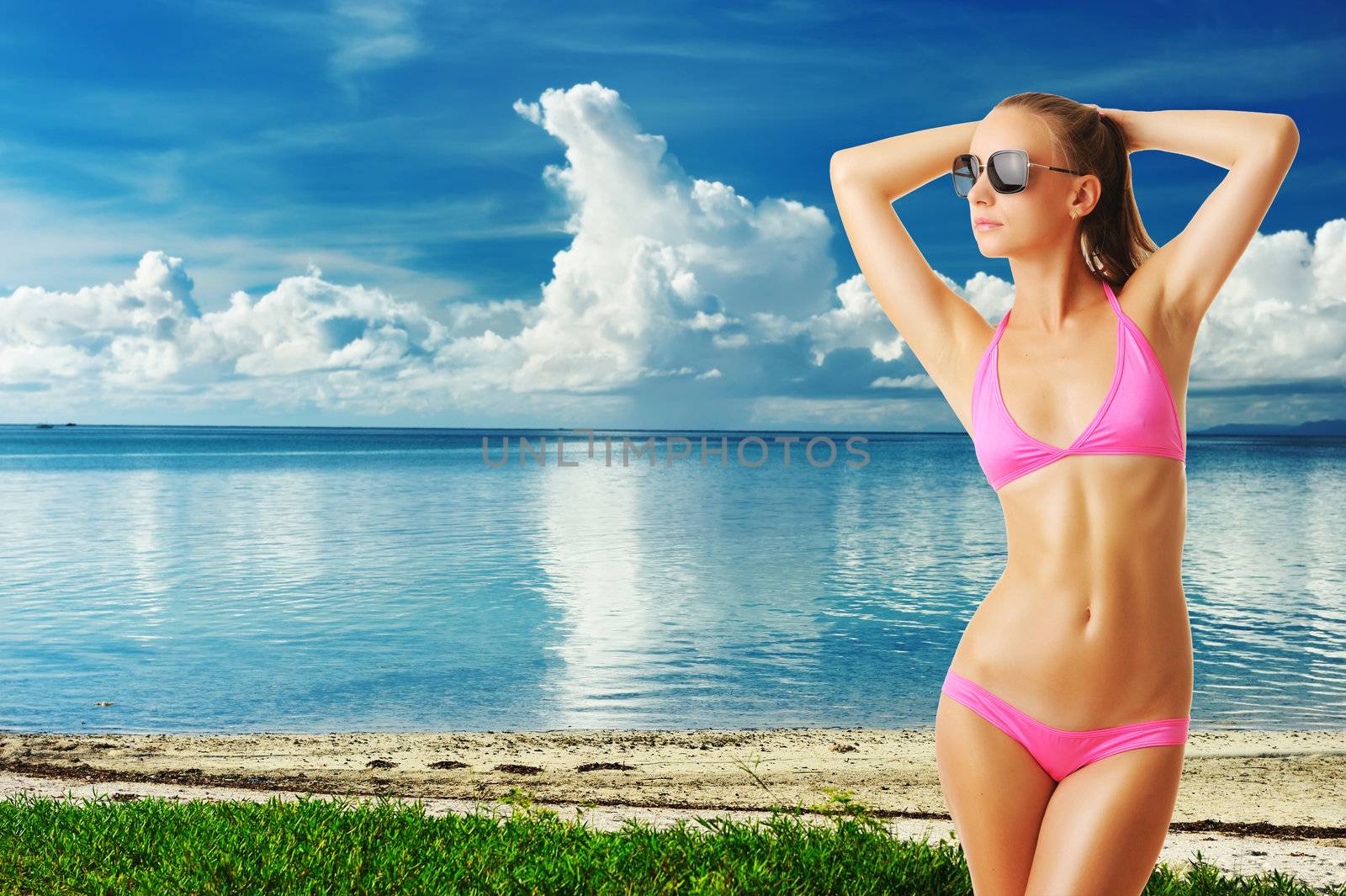 Woman with beautiful body wearing sunglasses at tropical beach. Collage.