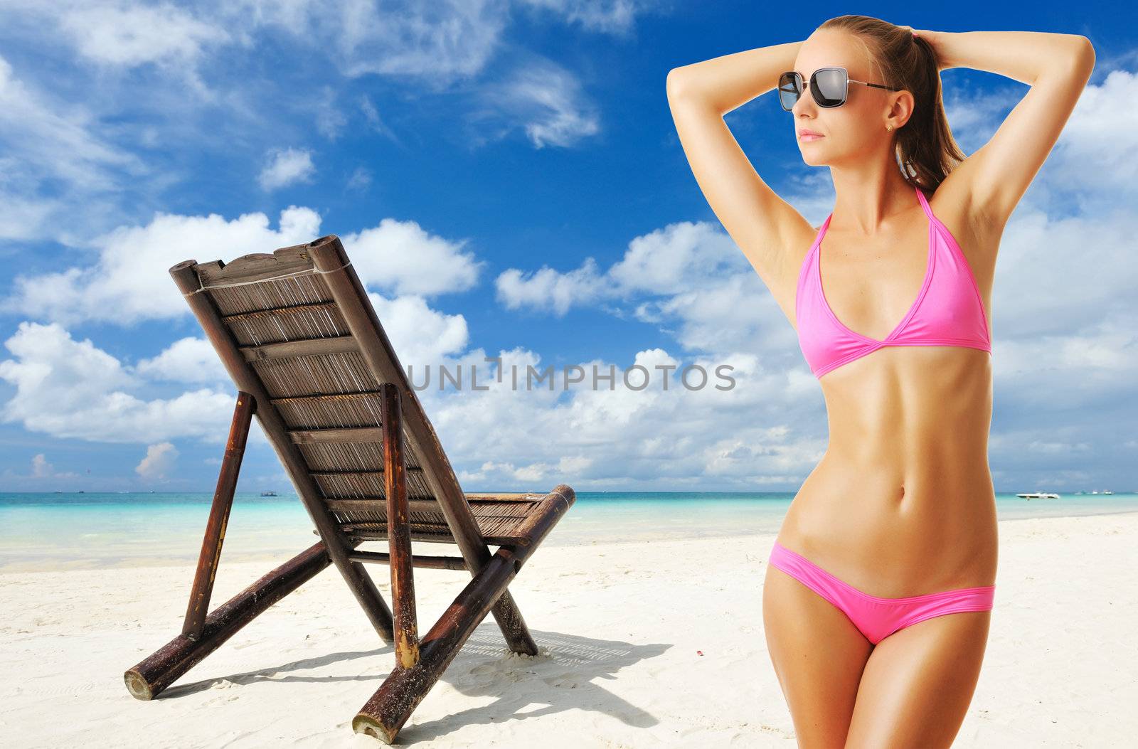 Woman with beautiful body wearing sunglasses at tropical beach. Collage.