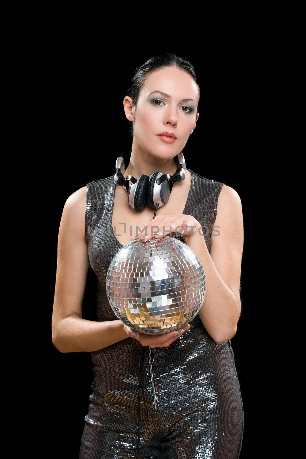 Portrait of woman with a mirror ball in her hands. Isolated on black