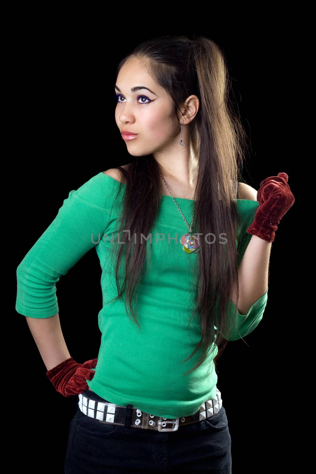 Lovely young woman wearing green jacket and gloves. Isolated
