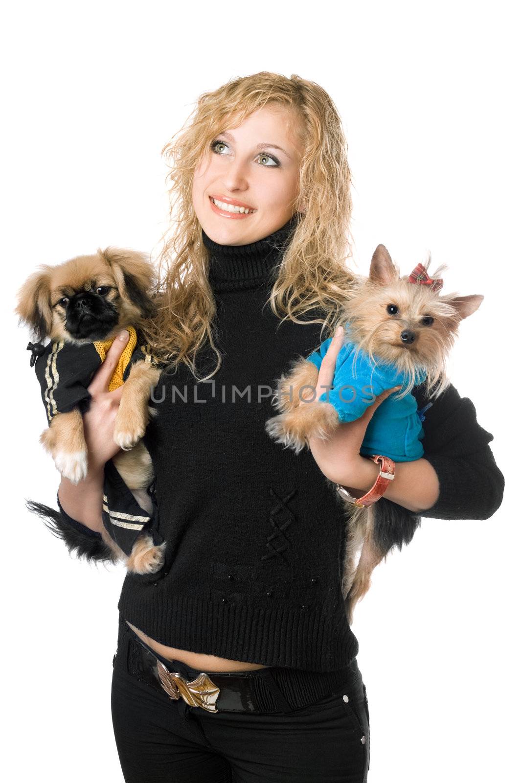 Portrait of happy young blonde with two dogs. Isolated