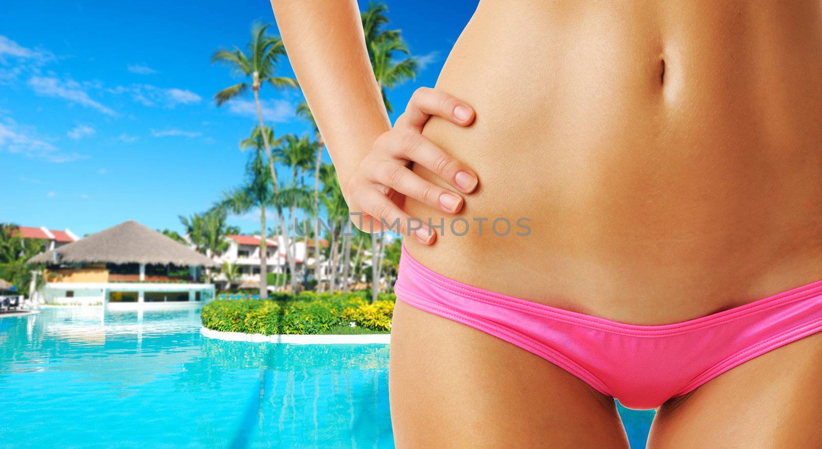 Girl at tropical swimming pool. Collage.